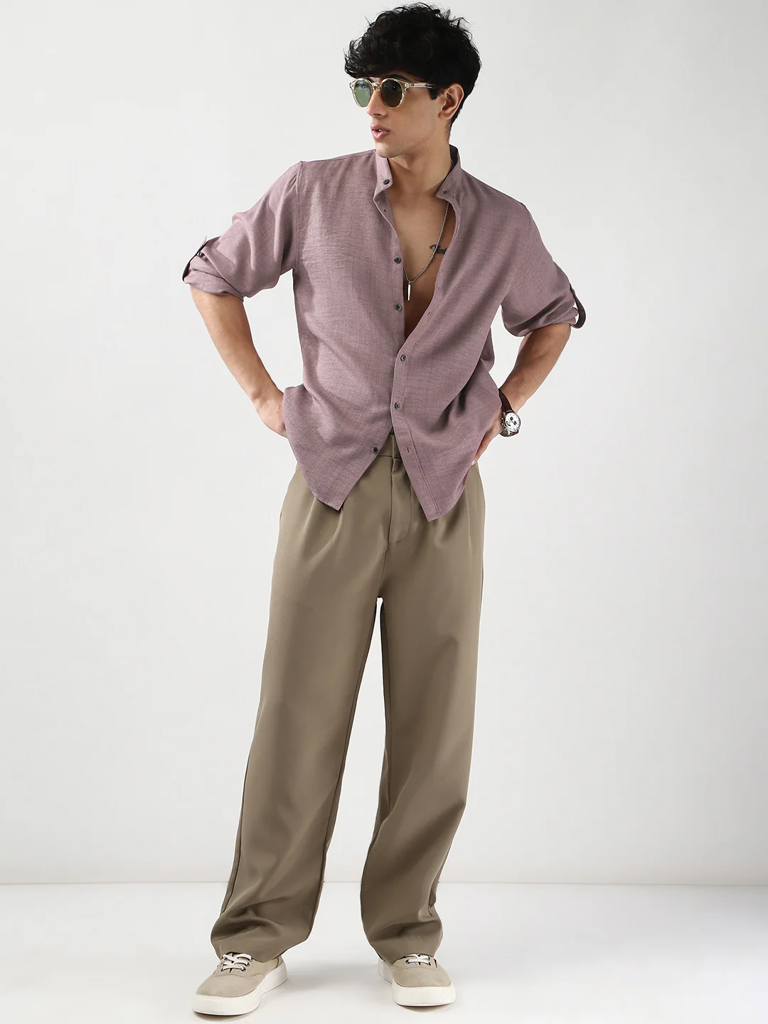 Men's Purple Linen Blend Full Sleeve Relaxed Fit Mandarin Collar Casual Solid Shirt - Image 5