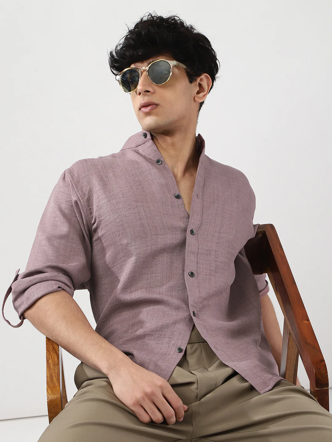 Men's Purple Linen Blend Full Sleeve Relaxed Fit Mandarin Collar Casual Solid Shirt - Image 6