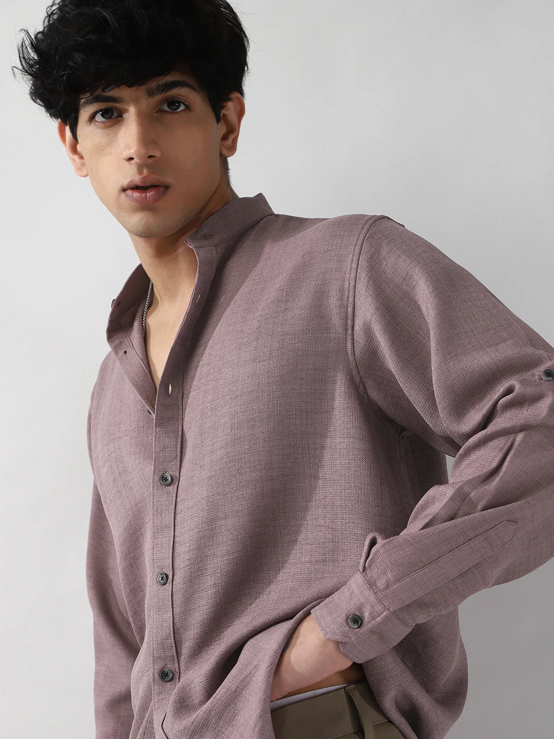 Men's Purple Linen Blend Full Sleeve Relaxed Fit Mandarin Collar Casual Solid Shirt - Image 7
