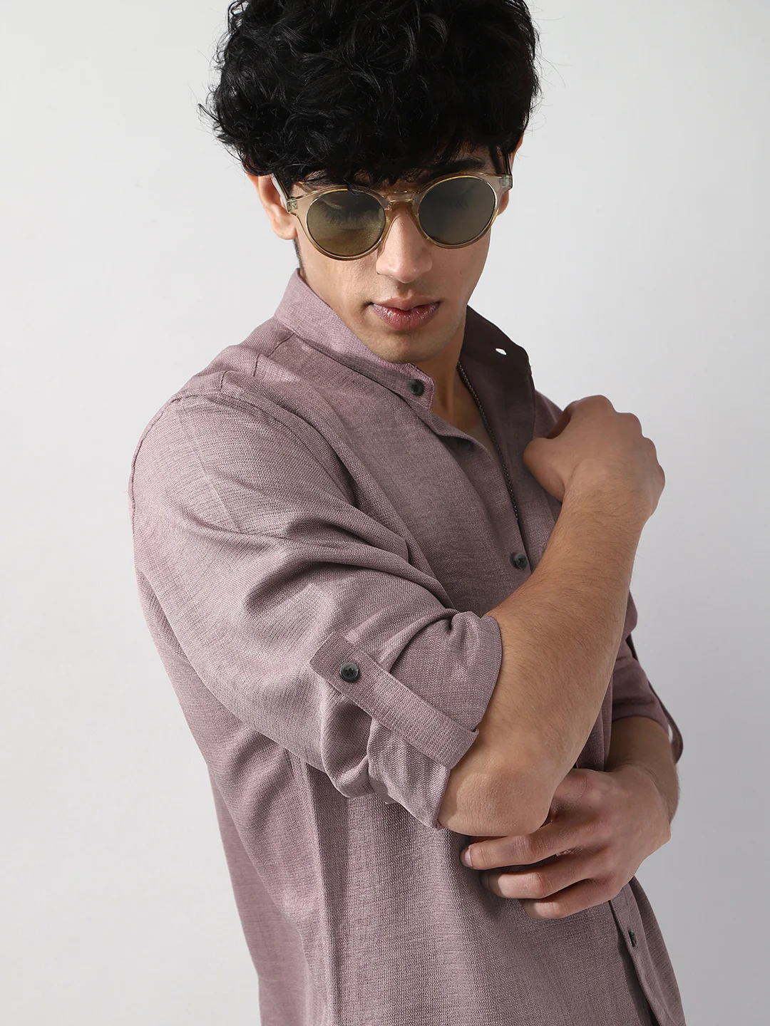 Men's Purple Linen Blend Full Sleeve Relaxed Fit Mandarin Collar Casual Solid Shirt - Image 8