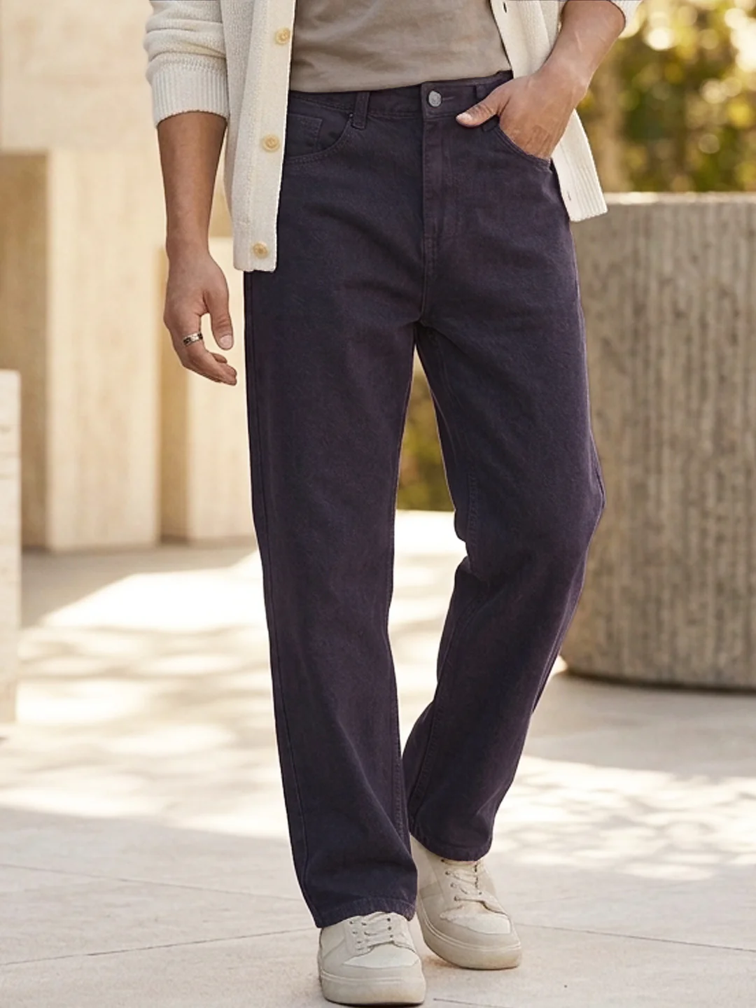 Men's Purple Loose Fit Washed Jeans Non-Stretchable