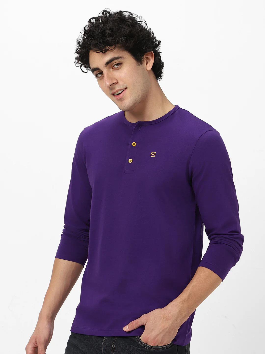 Men's Purple Solid Henley Neck Slim Fit Full Sleeve Cotton T-Shirt - Image 3
