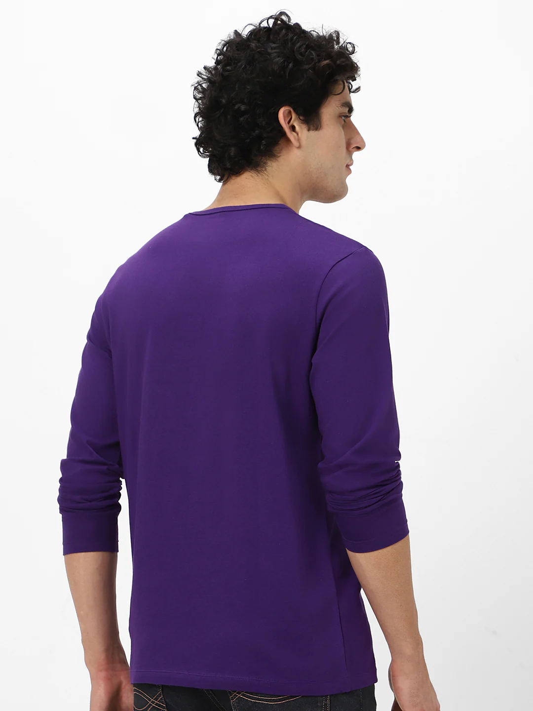 Men's Purple Solid Henley Neck Slim Fit Full Sleeve Cotton T-Shirt - Image 4