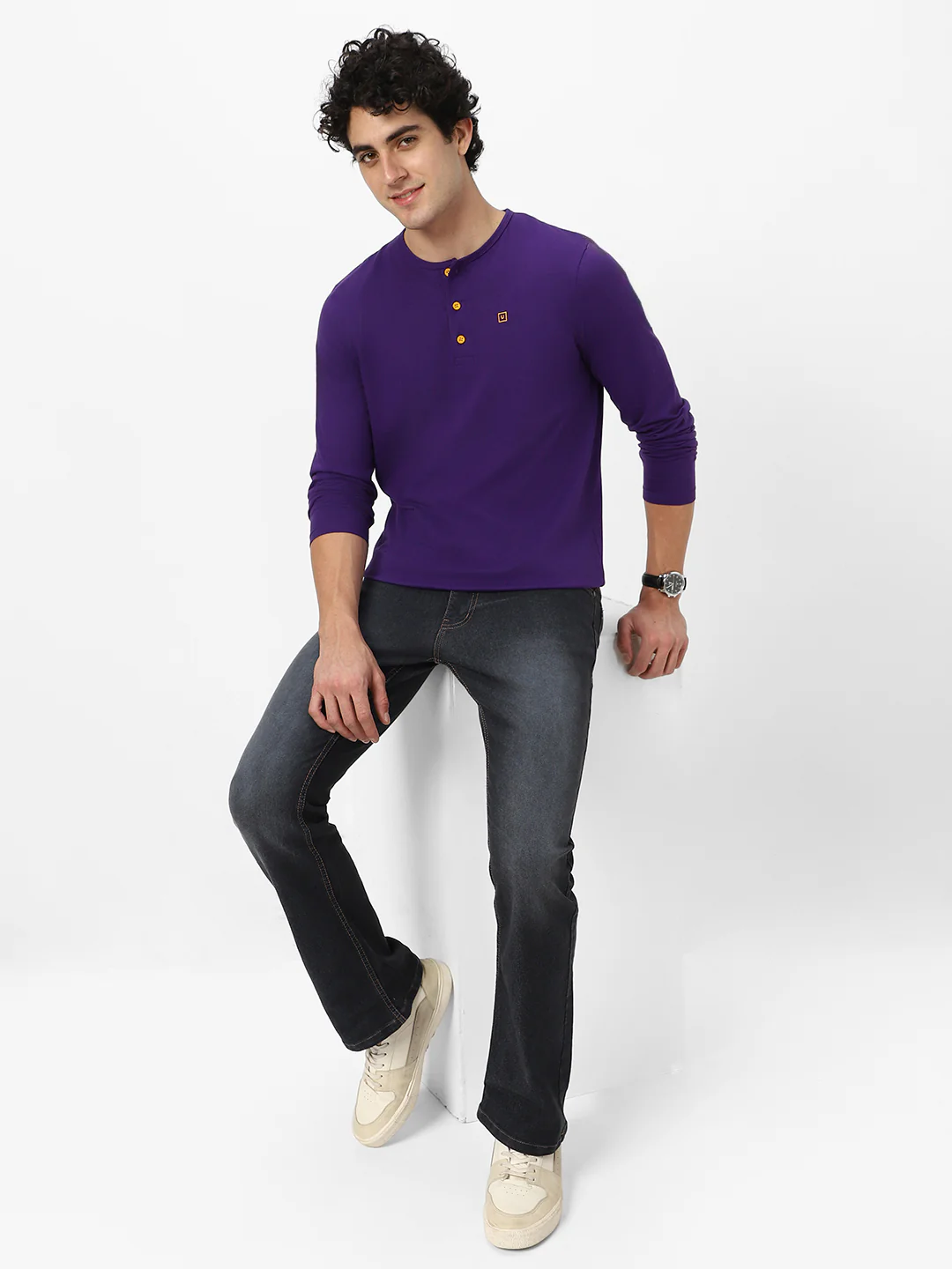 Men's Purple Solid Henley Neck Slim Fit Full Sleeve Cotton T-Shirt - Image 5