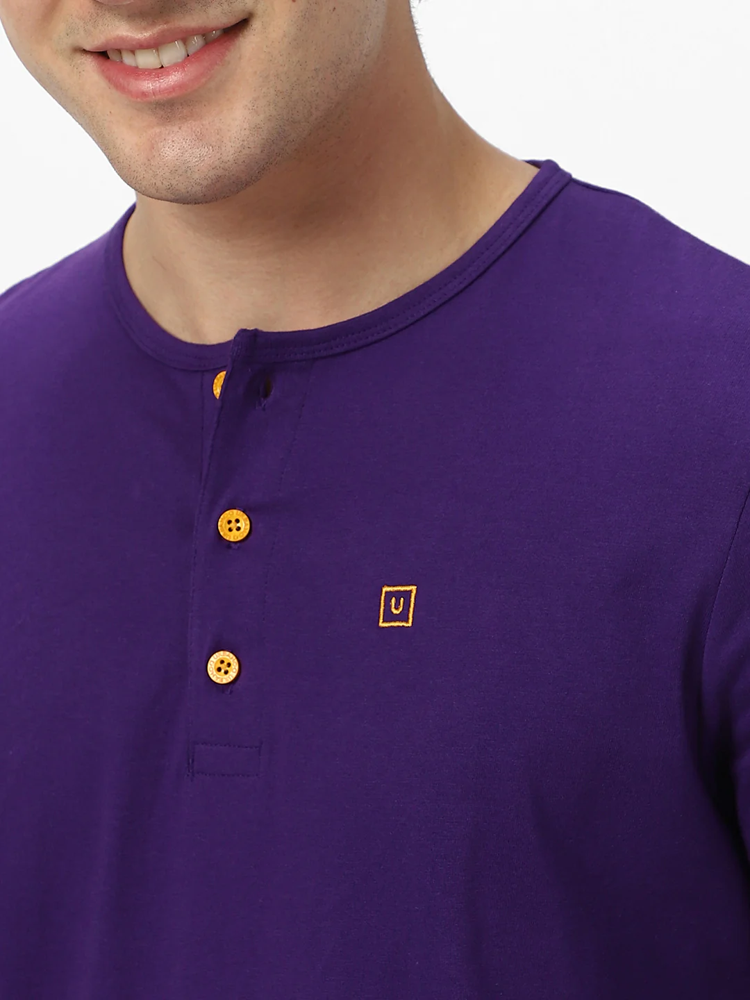 Men's Purple Solid Henley Neck Slim Fit Full Sleeve Cotton T-Shirt - Image 6