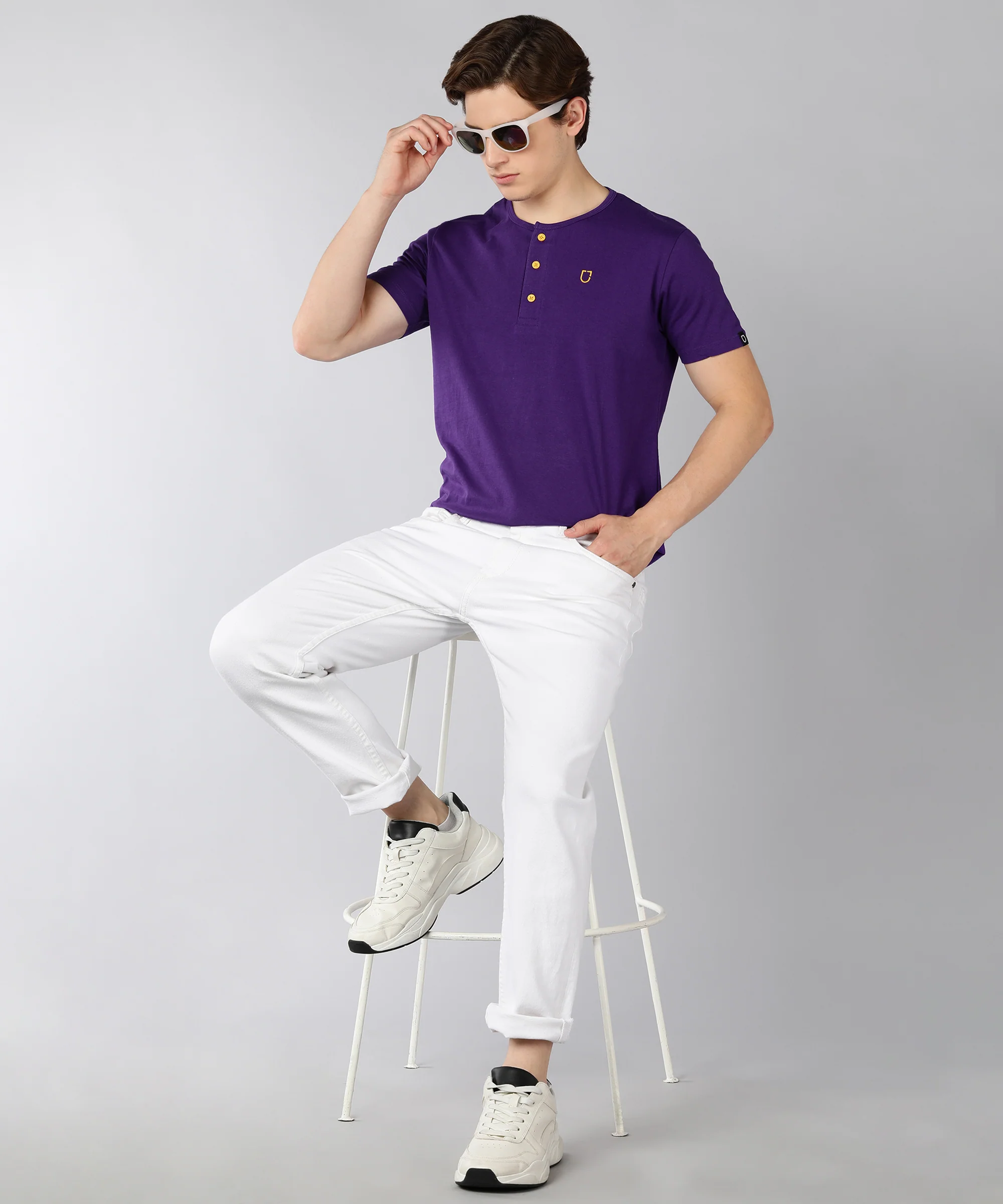 Men's Purple Solid Henley Neck Slim Fit Half Sleeve Cotton T-Shirt - Image 3