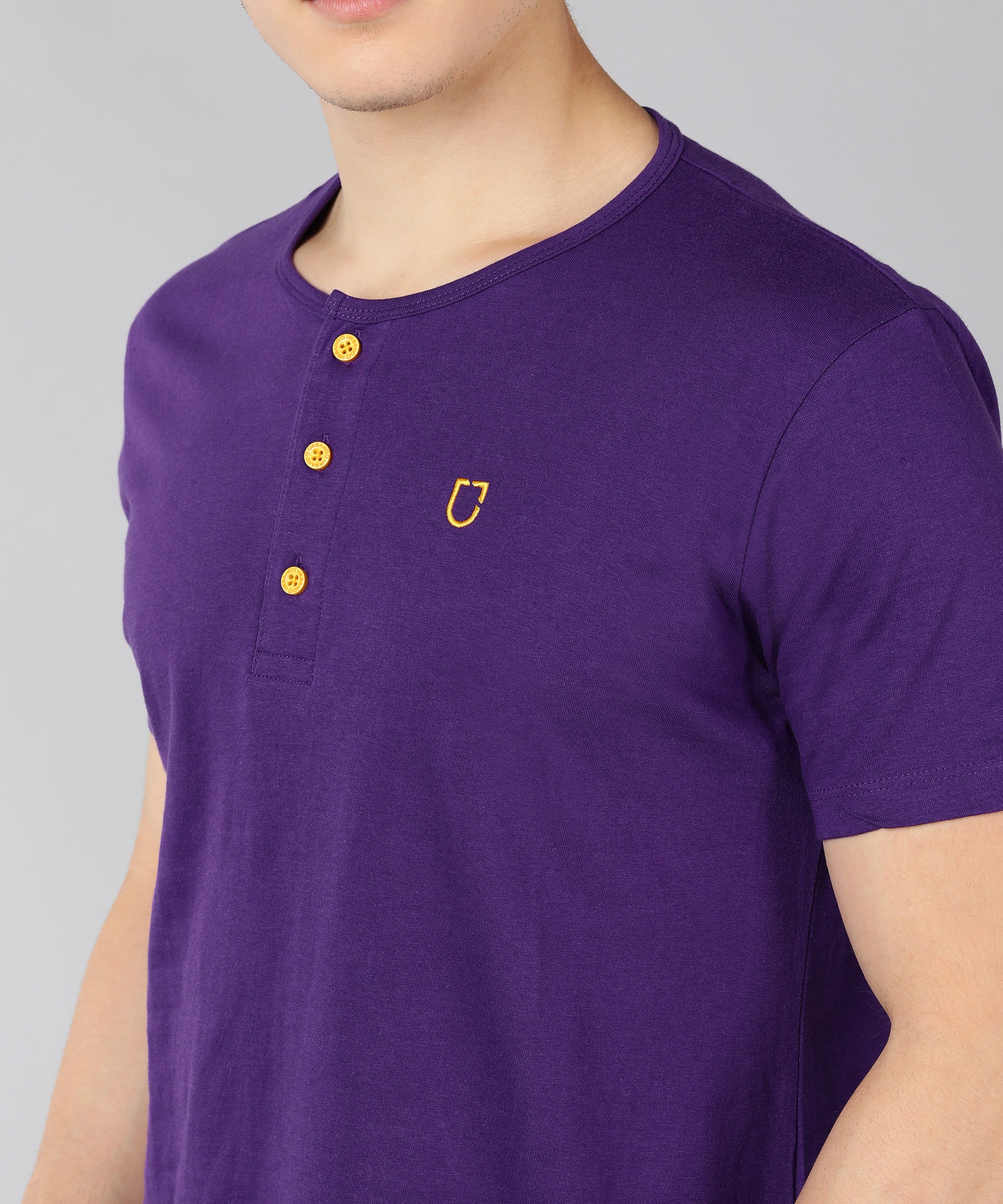 Men's Purple Solid Henley Neck Slim Fit Half Sleeve Cotton T-Shirt - Image 4