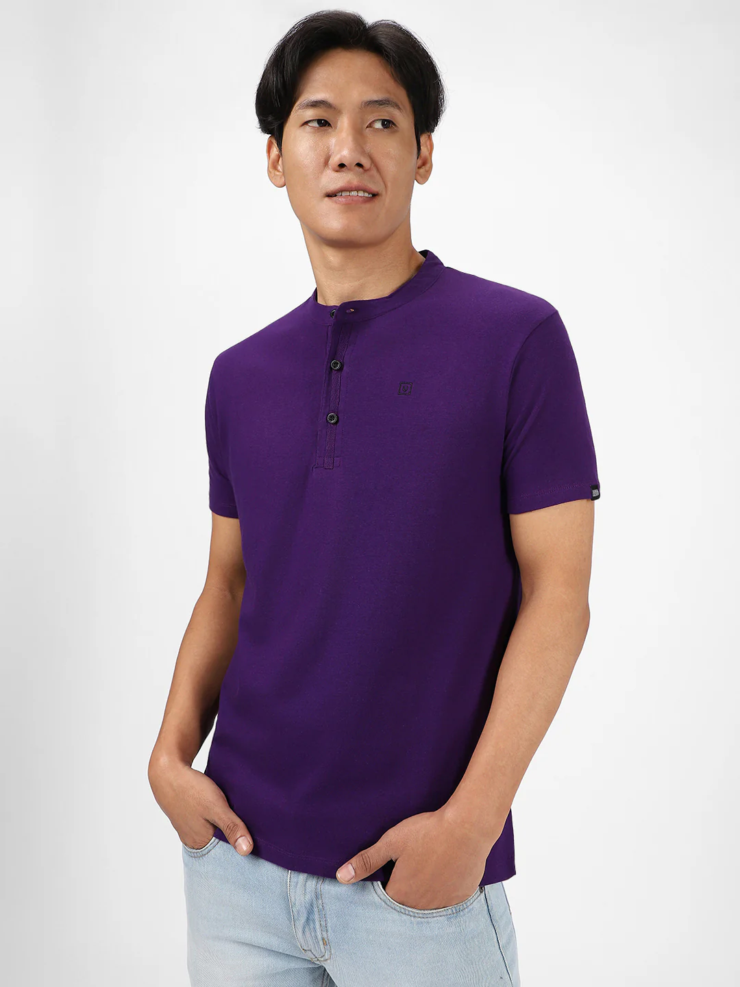 Men's Purple Solid Mandarin Collar Slim Fit Cotton T-Shirt - Image 2