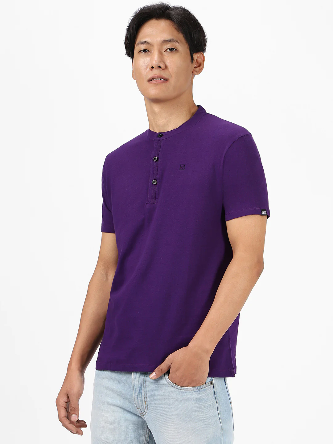 Men's Purple Solid Mandarin Collar Slim Fit Cotton T-Shirt - Image 3