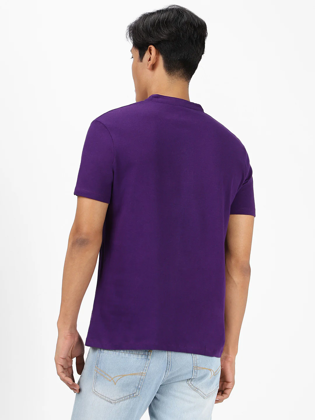 Men's Purple Solid Mandarin Collar Slim Fit Cotton T-Shirt - Image 4