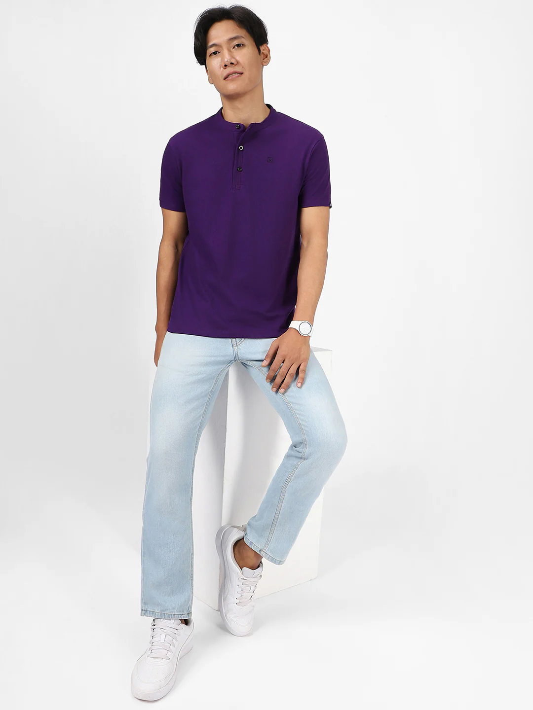 Men's Purple Solid Mandarin Collar Slim Fit Cotton T-Shirt - Image 5