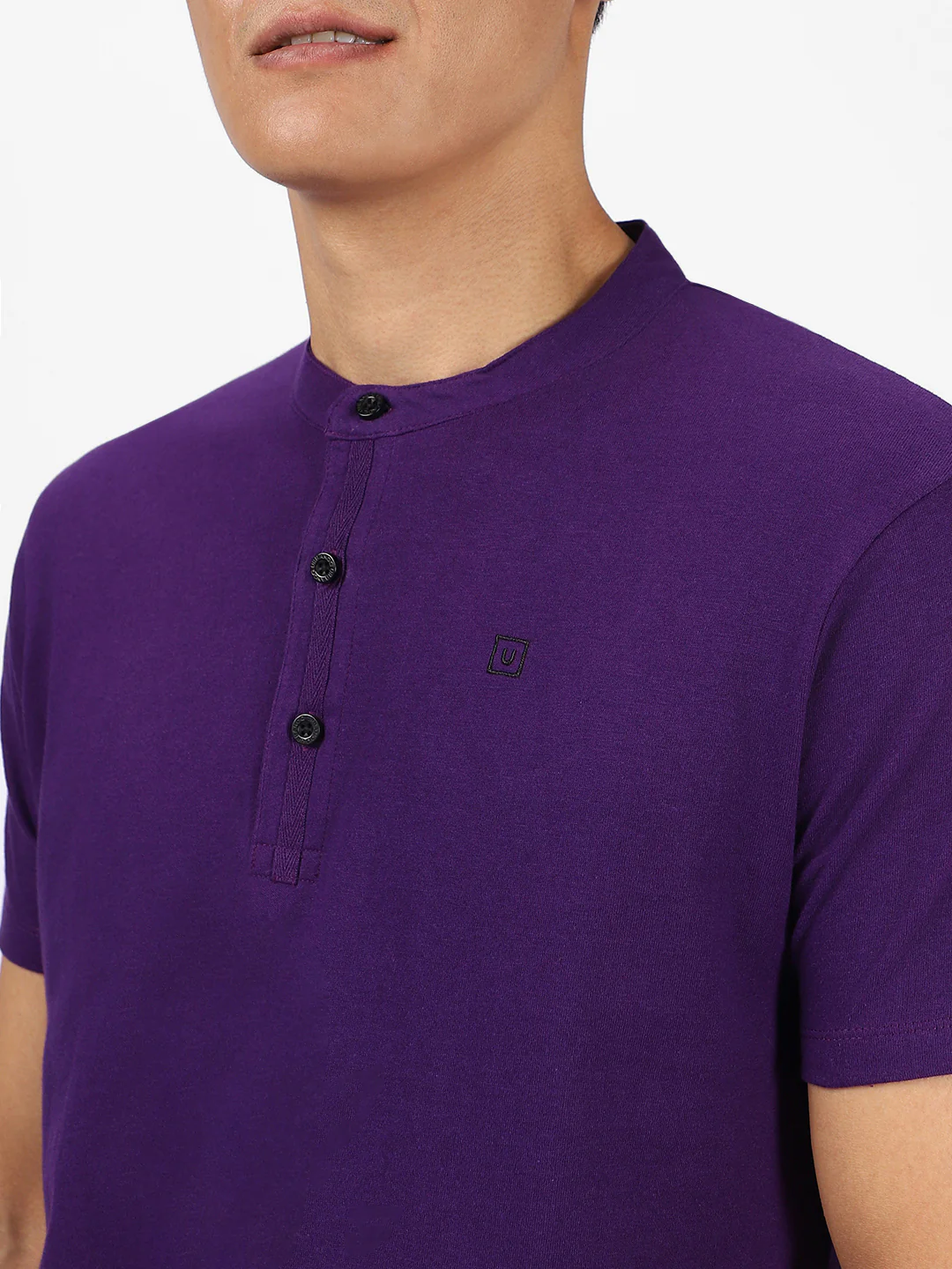 Men's Purple Solid Mandarin Collar Slim Fit Cotton T-Shirt - Image 6