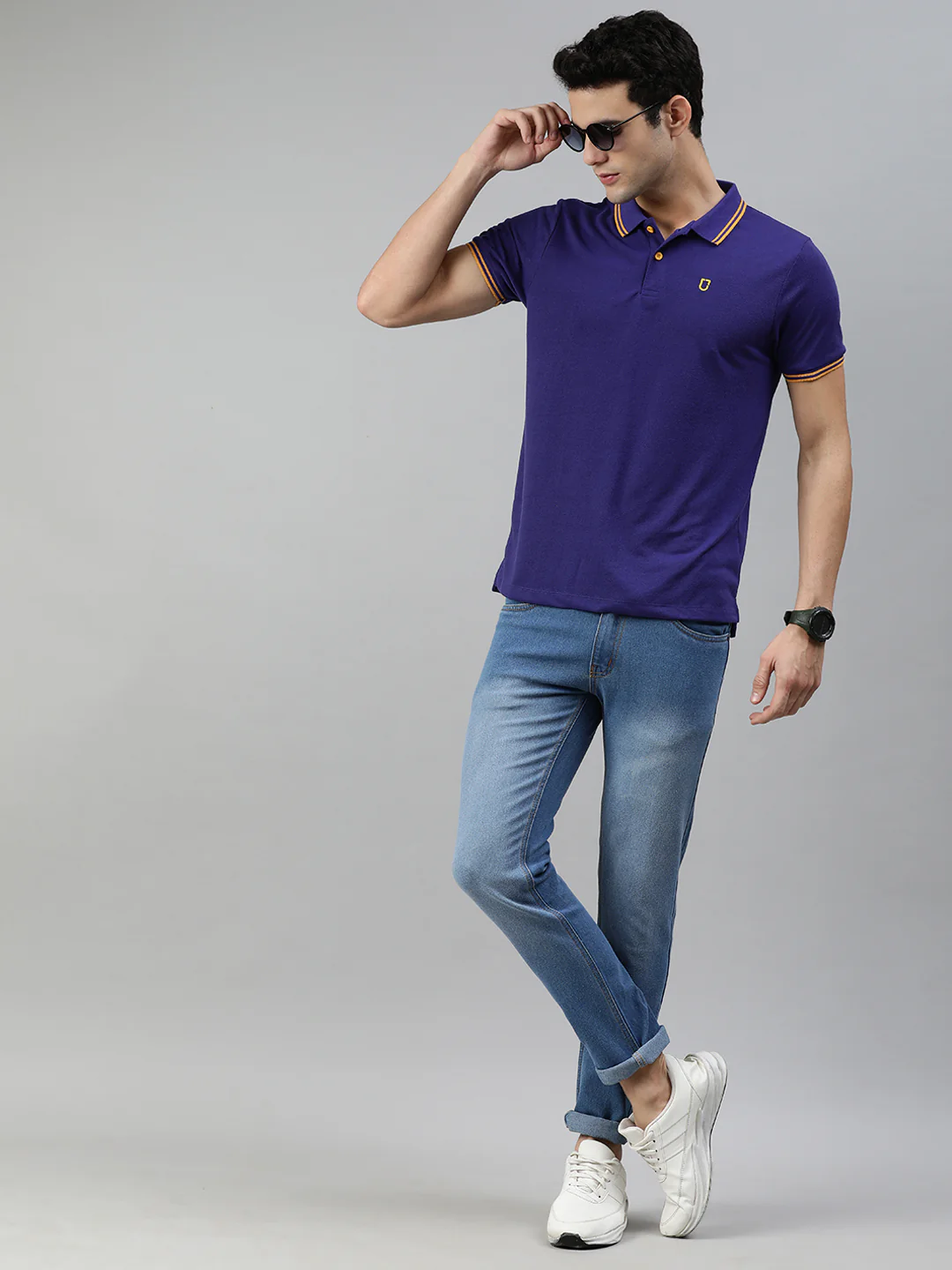 Men's Purple Solid Slim Fit Half Sleeve Cotton Polo T-Shirt - Image 4