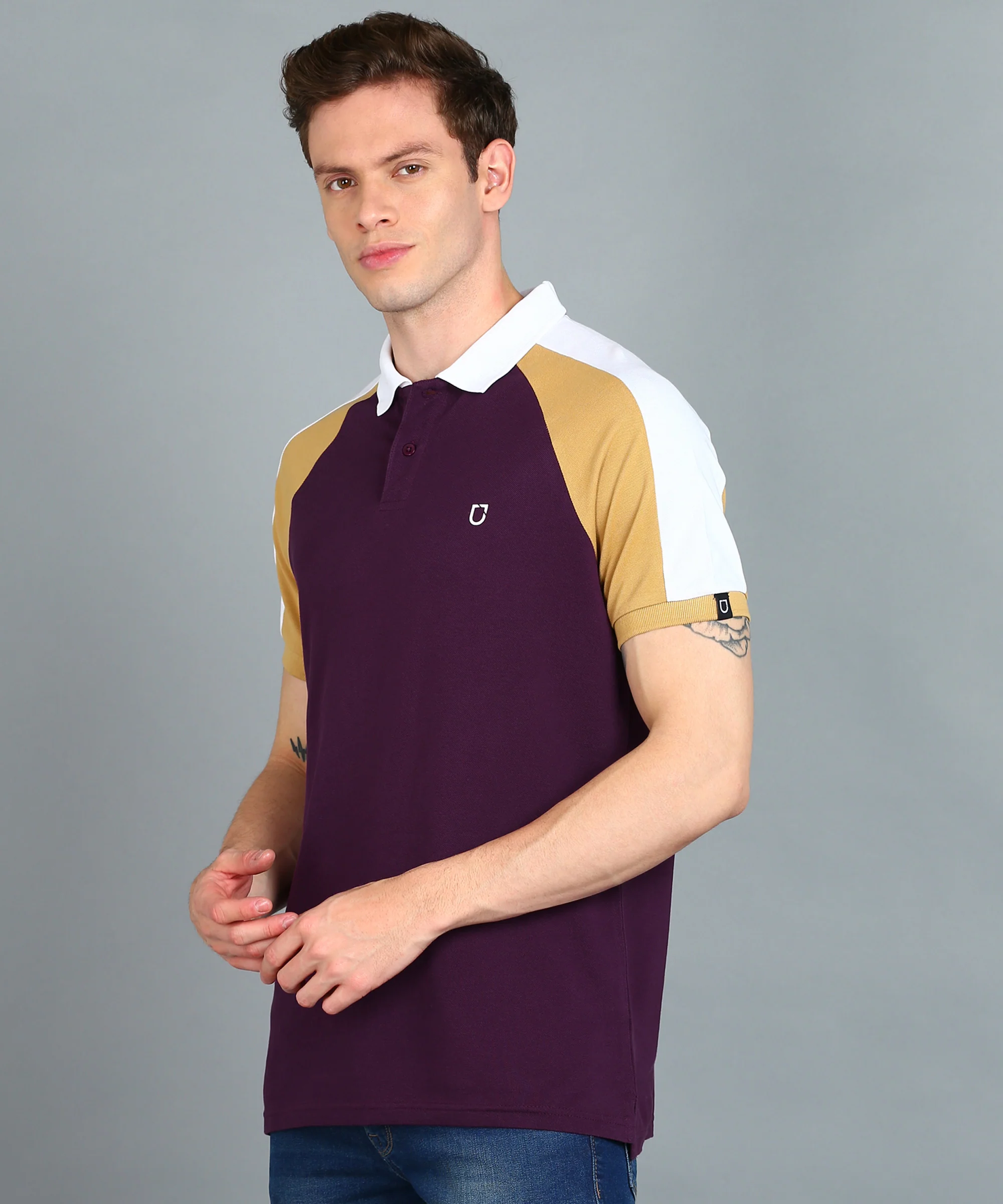 Men's Purple, White, Khaki Colour-Block Slim Fit Half Sleeve Cotton Polo T-Shirt - Image 2