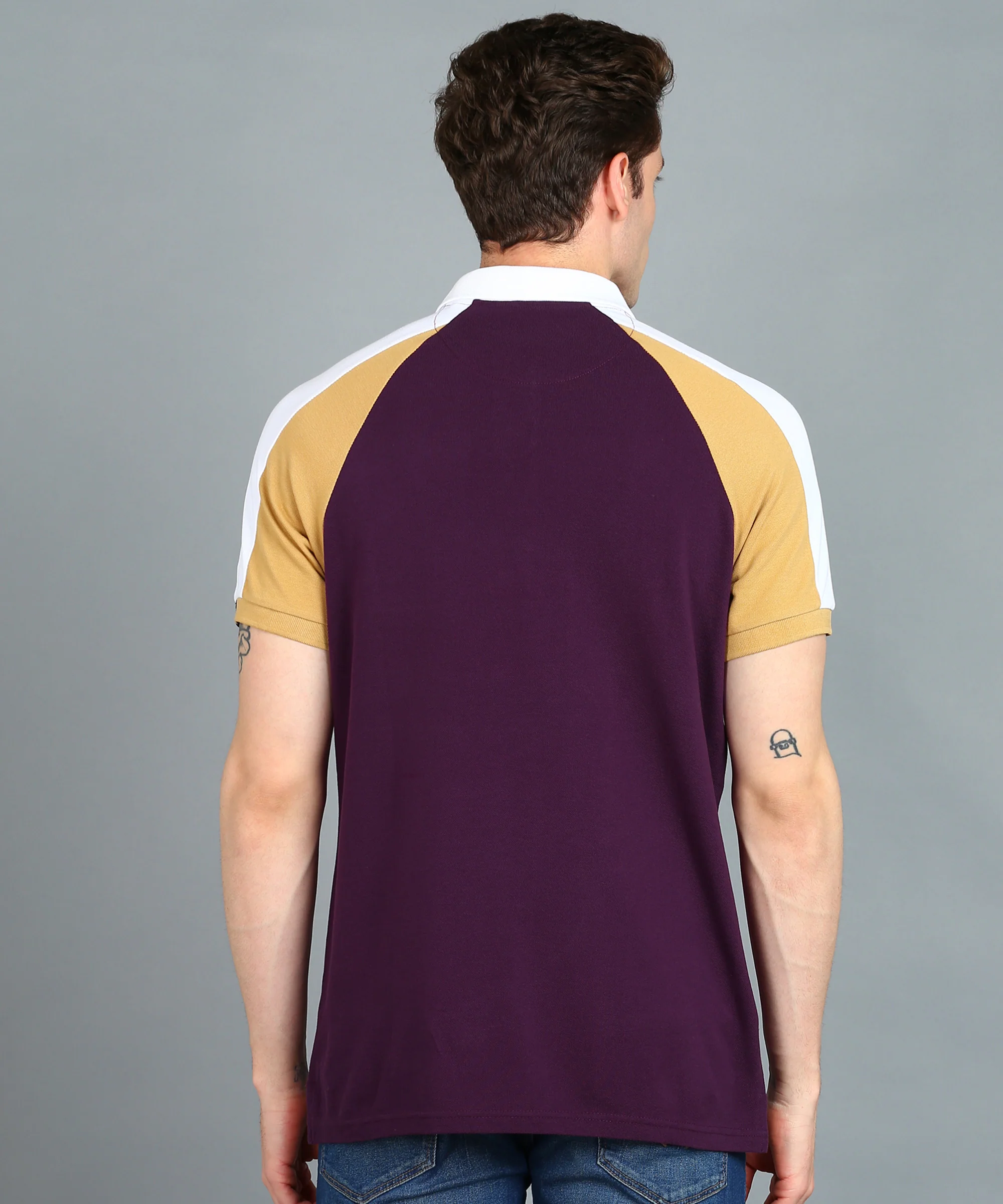 Men's Purple, White, Khaki Colour-Block Slim Fit Half Sleeve Cotton Polo T-Shirt - Image 3