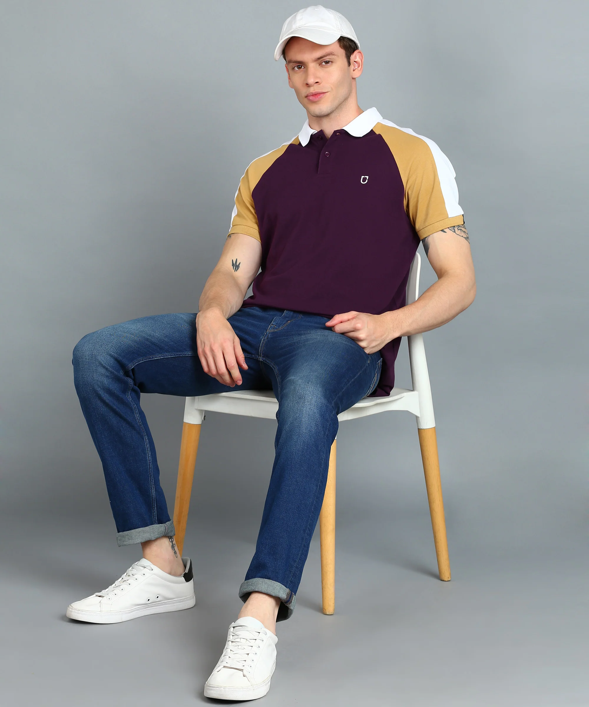 Men's Purple, White, Khaki Colour-Block Slim Fit Half Sleeve Cotton Polo T-Shirt - Image 4