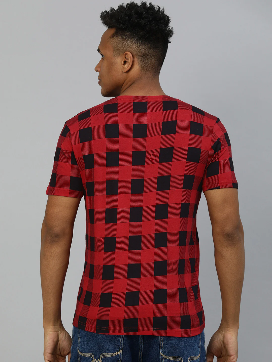 Men's Red, Black Checkered Slim Fit Half Sleeve Cotton T-Shirt - Image 2