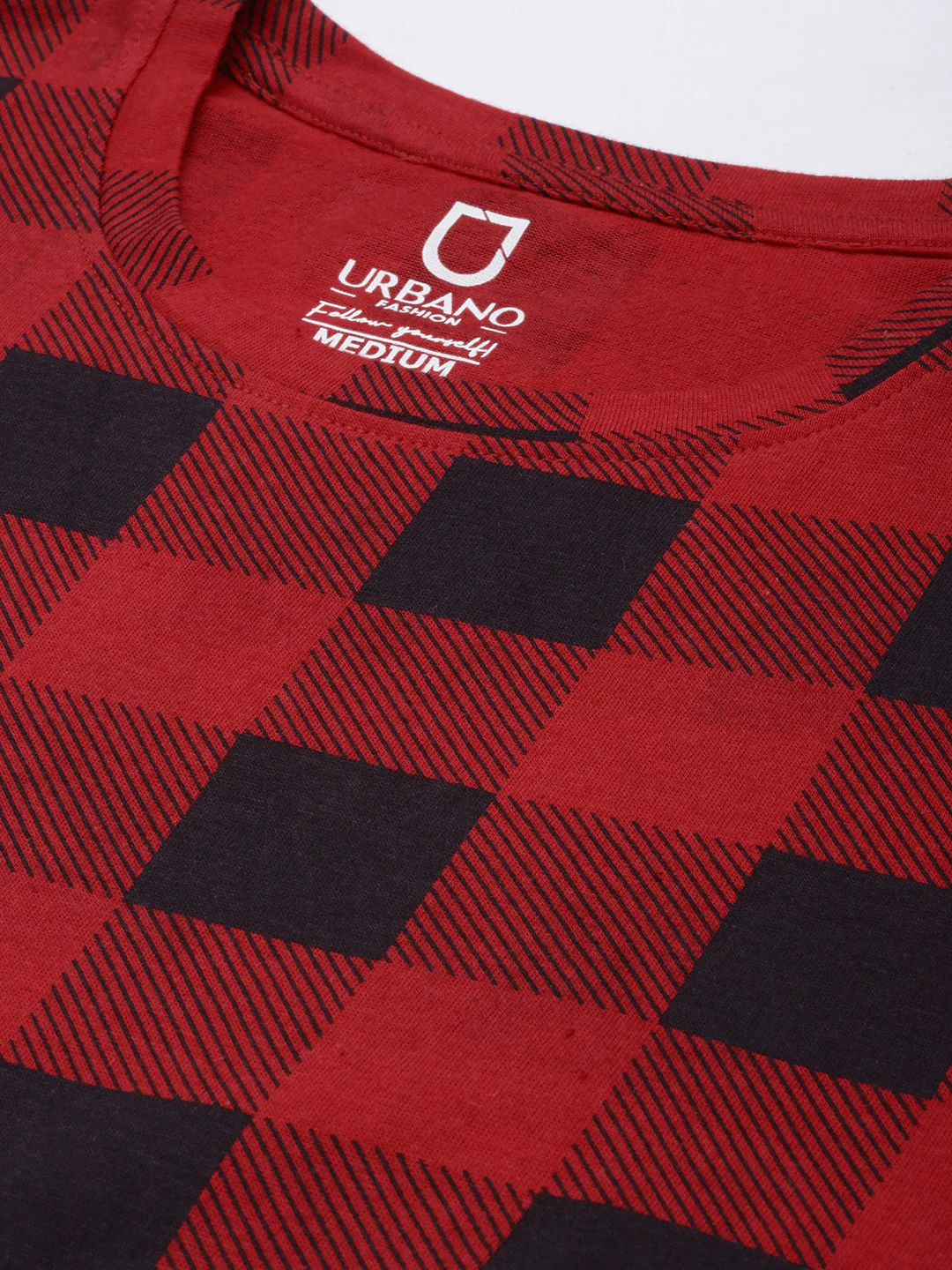 Men's Red, Black Checkered Slim Fit Half Sleeve Cotton T-Shirt - Image 4