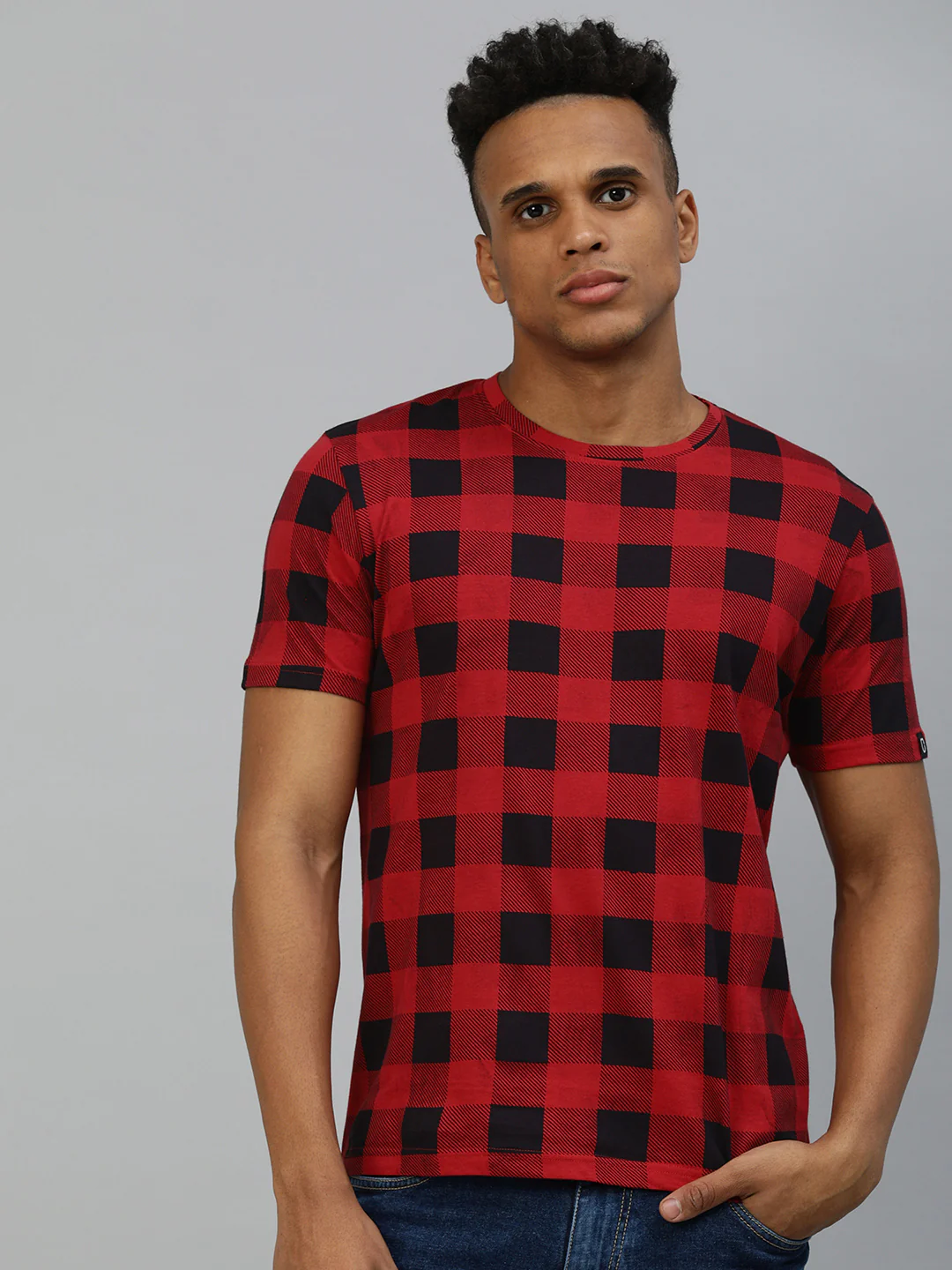 Men's Red, Black Checkered Slim Fit Half Sleeve Cotton T-Shirt - Image 5