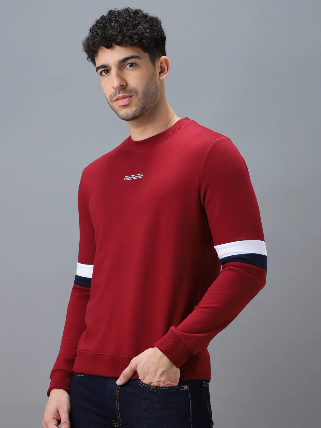 Men's Red Cotton Color Block Round Neck Sweatshirt - Image 2