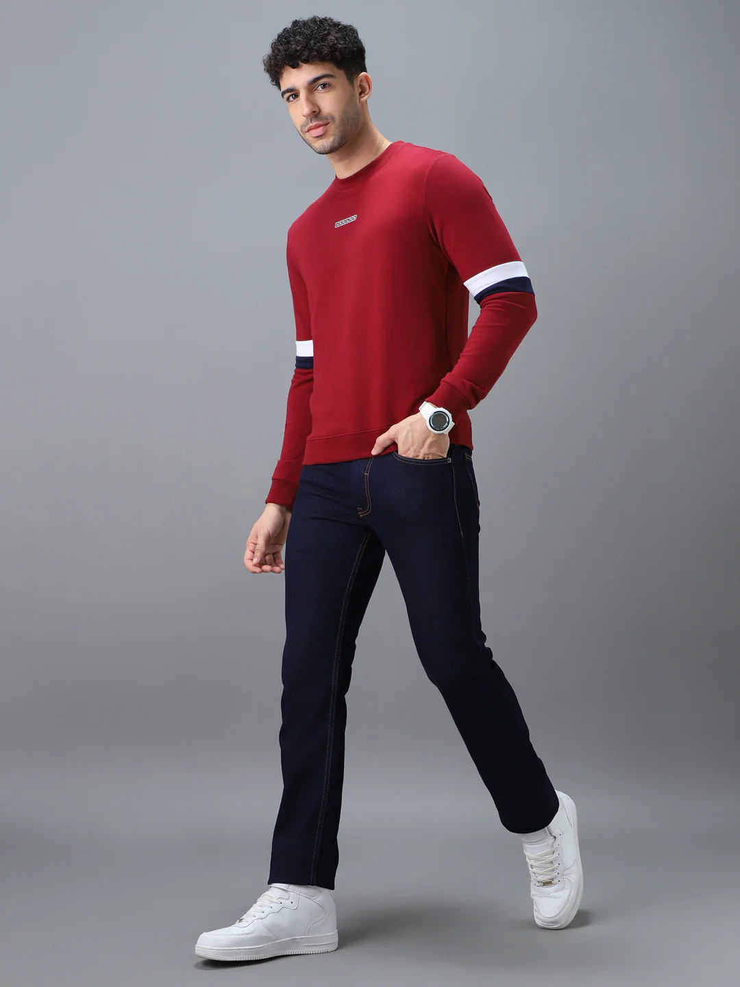Men's Red Cotton Color Block Round Neck Sweatshirt - Image 4