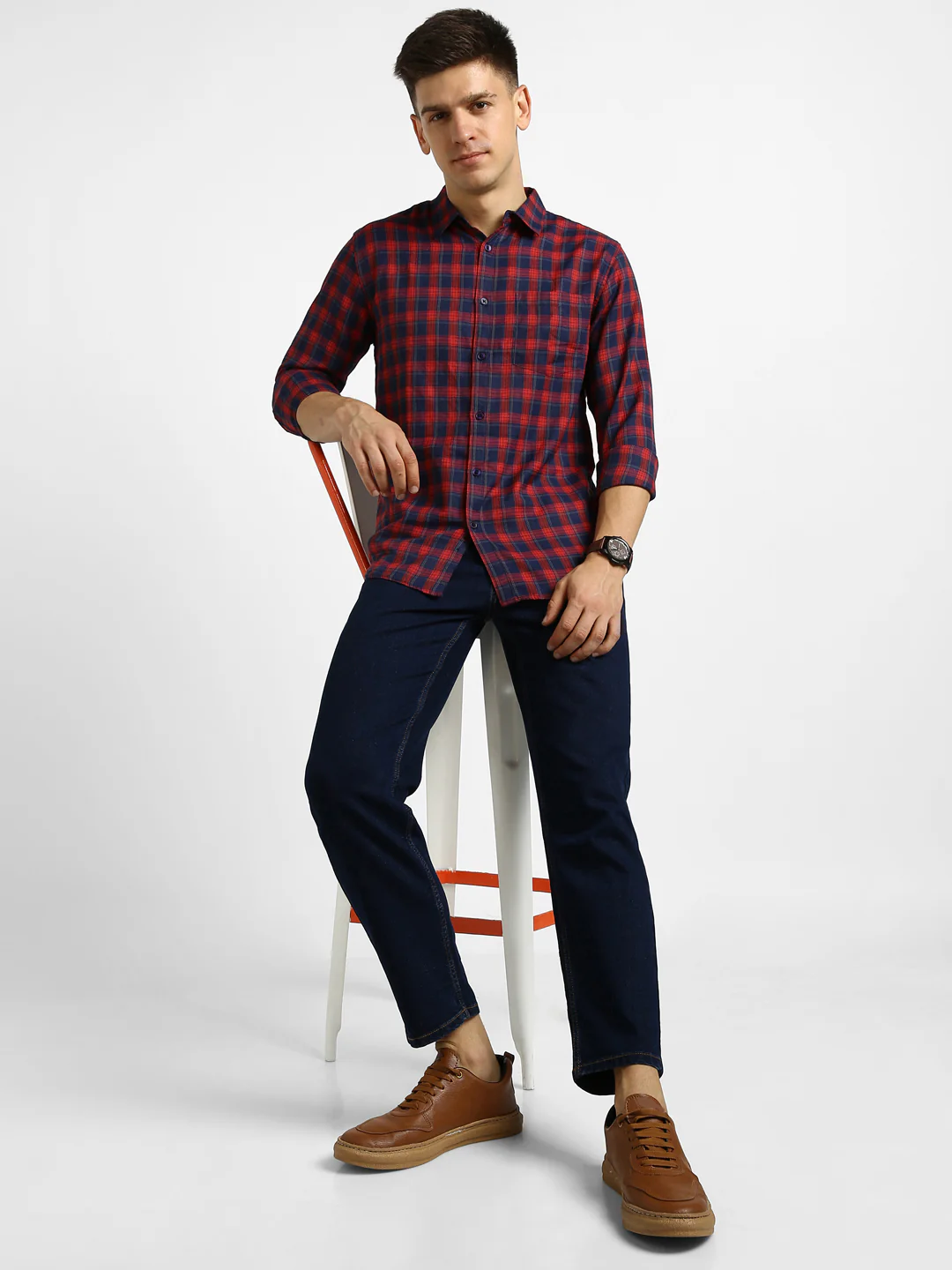 Men's Red Cotton Full Sleeve Slim Fit Casual Checkered Shirt - Image 4