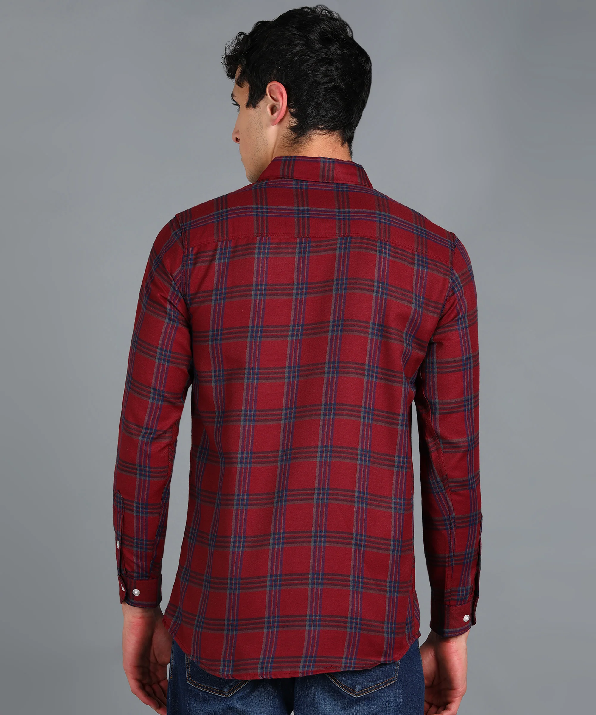 Men's Red Cotton Full Sleeve Slim Fit Casual Checkered Shirt - Image 3