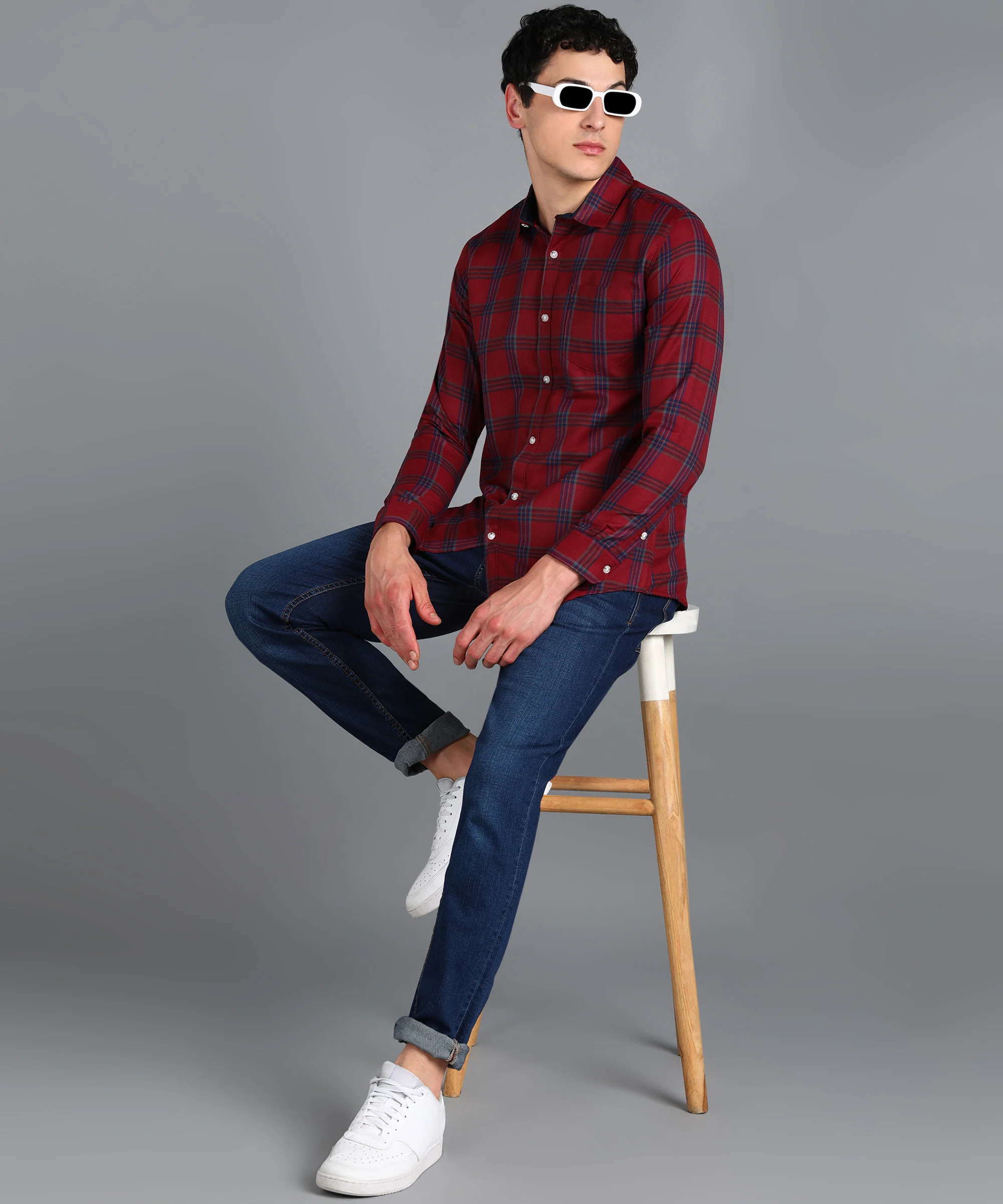 Men's Red Cotton Full Sleeve Slim Fit Casual Checkered Shirt - Image 4