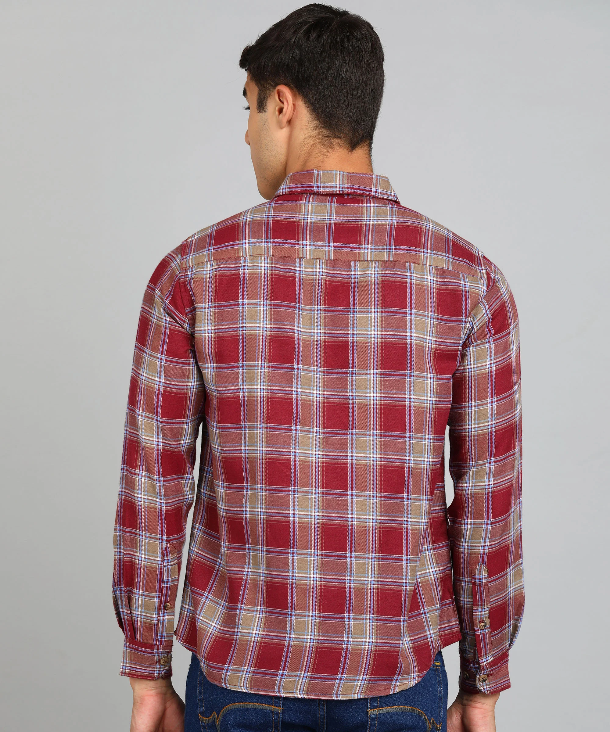 Men's Red Cotton Full Sleeve Slim Fit Casual Checkered Shirt - Image 3