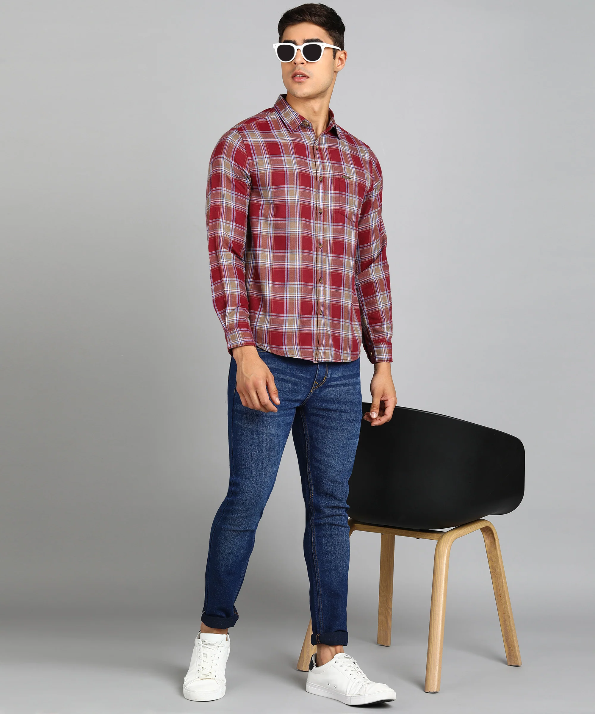 Men's Red Cotton Full Sleeve Slim Fit Casual Checkered Shirt - Image 4