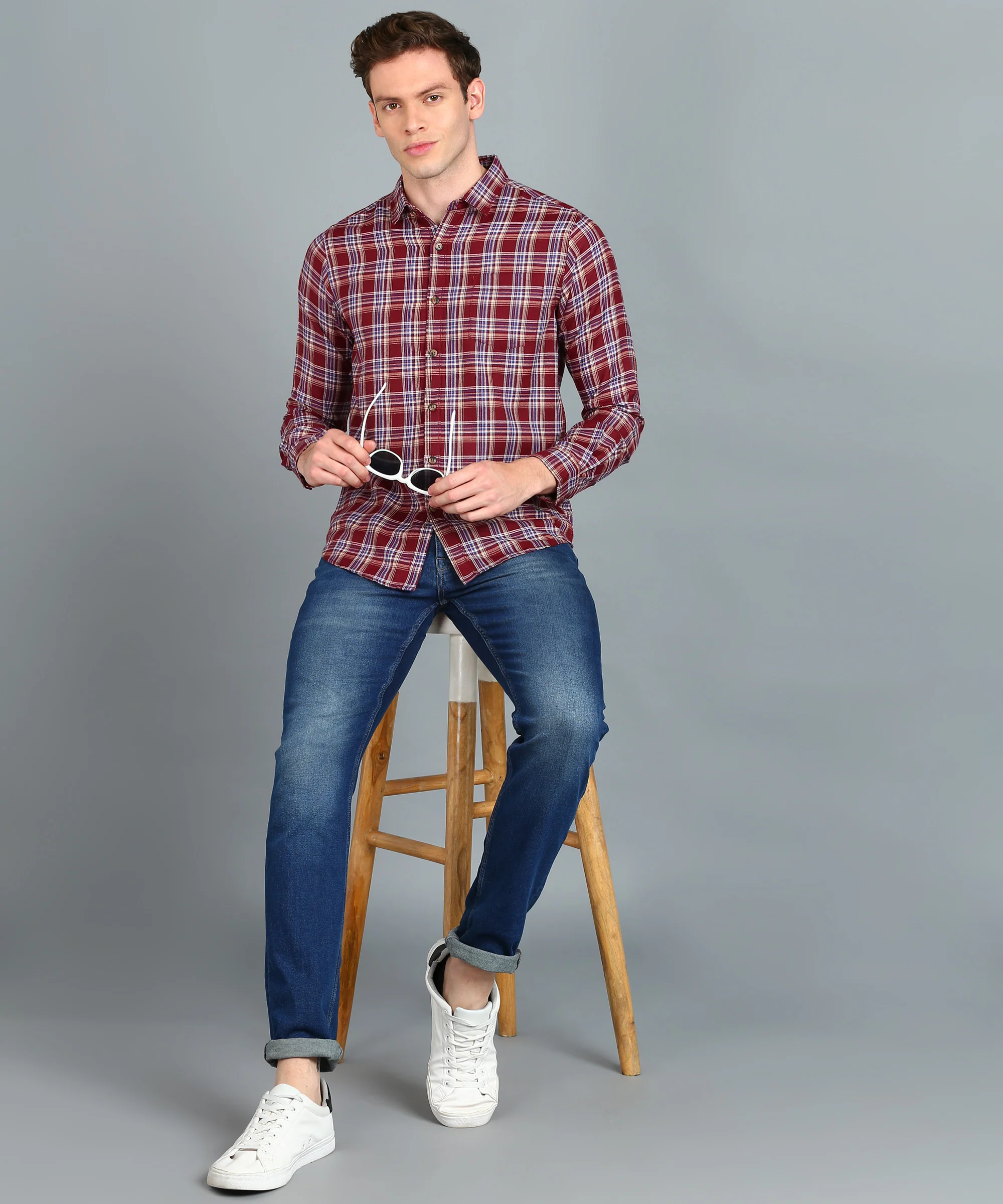 Men's Red Cotton Full Sleeve Slim Fit Casual Checkered Shirt - Image 4