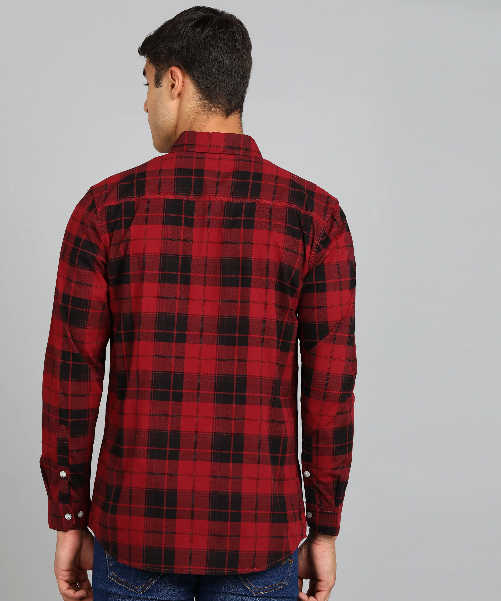 Men's Red Cotton Full Sleeve Slim Fit Casual Checkered Shirt - Image 3