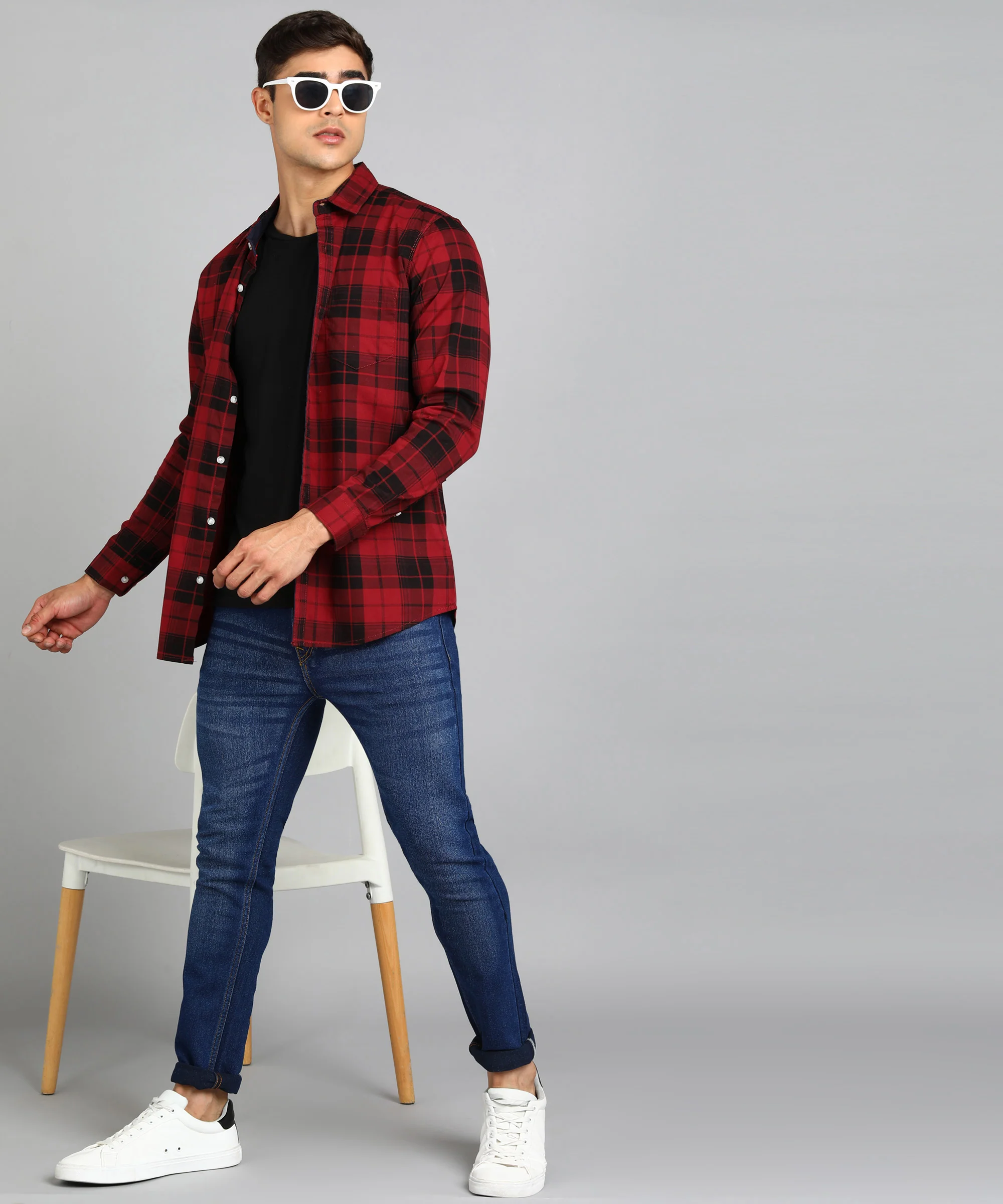 Men's Red Cotton Full Sleeve Slim Fit Casual Checkered Shirt - Image 4