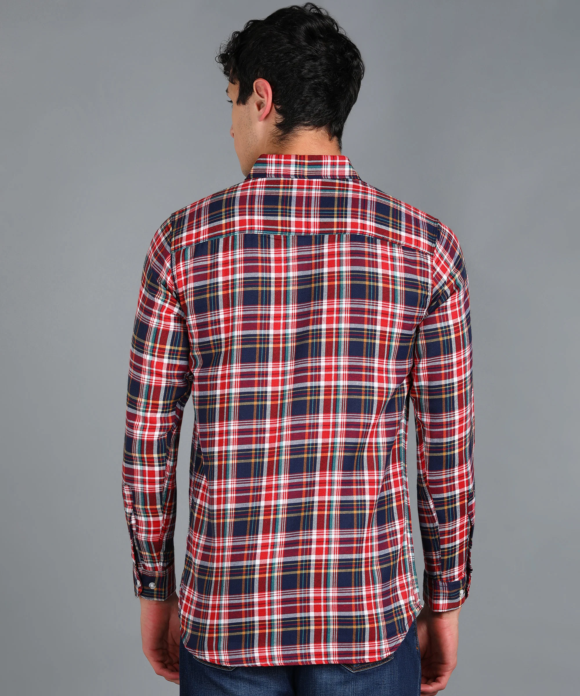 Men's Red Cotton Full Sleeve Slim Fit Casual Checkered Shirt - Image 3