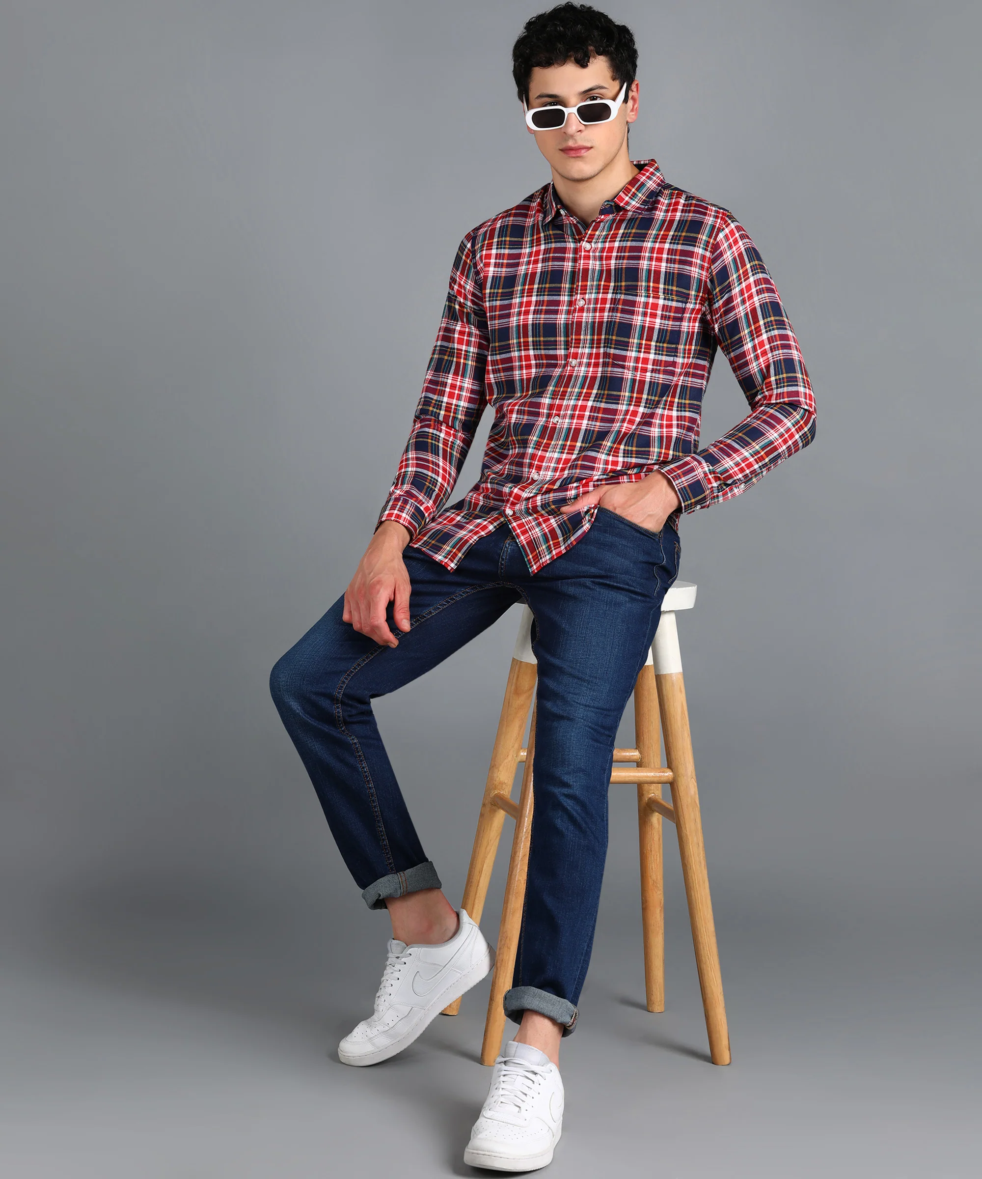 Men's Red Cotton Full Sleeve Slim Fit Casual Checkered Shirt - Image 4