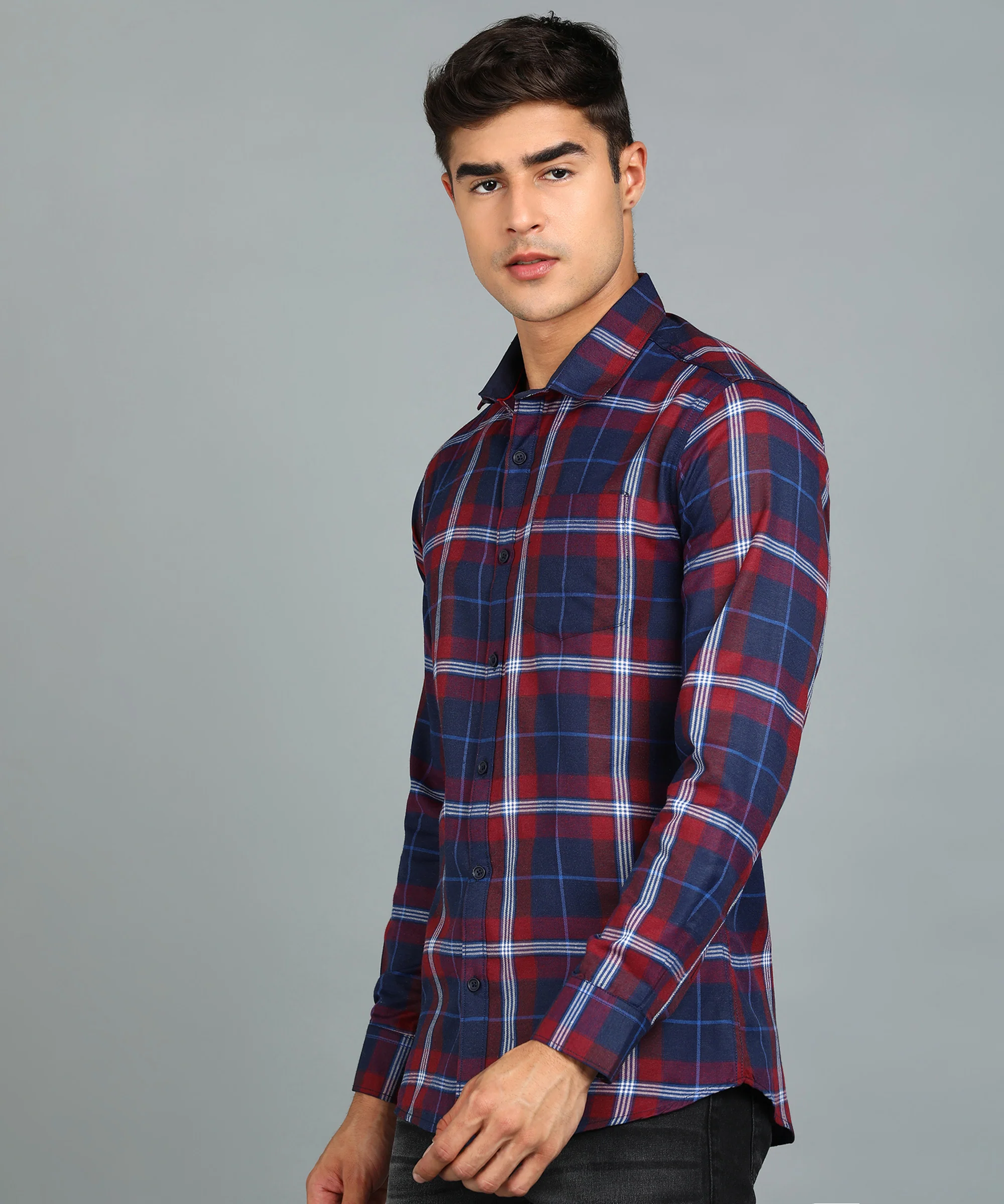 Men's Red Cotton Full Sleeve Slim Fit Casual Checkered Shirt - Image 2