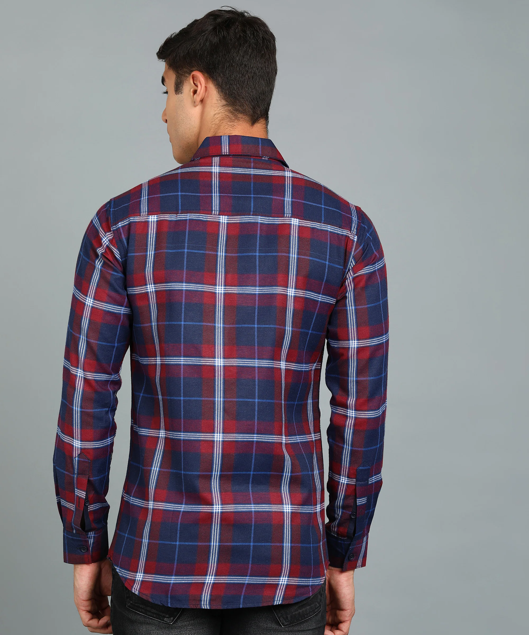 Men's Red Cotton Full Sleeve Slim Fit Casual Checkered Shirt - Image 3