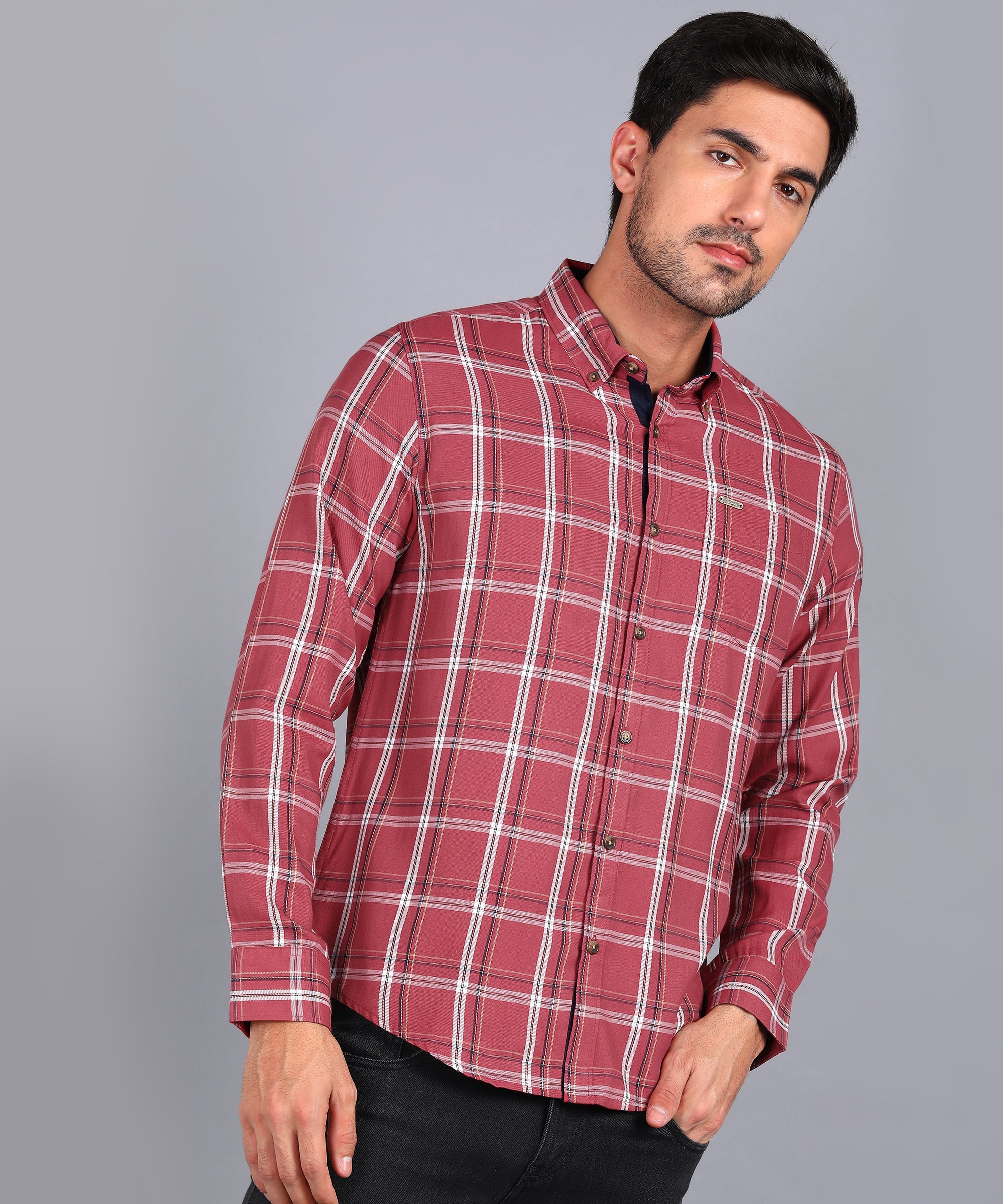 Men's Red Cotton Full Sleeve Slim Fit Casual Checkered Shirt - Image 2