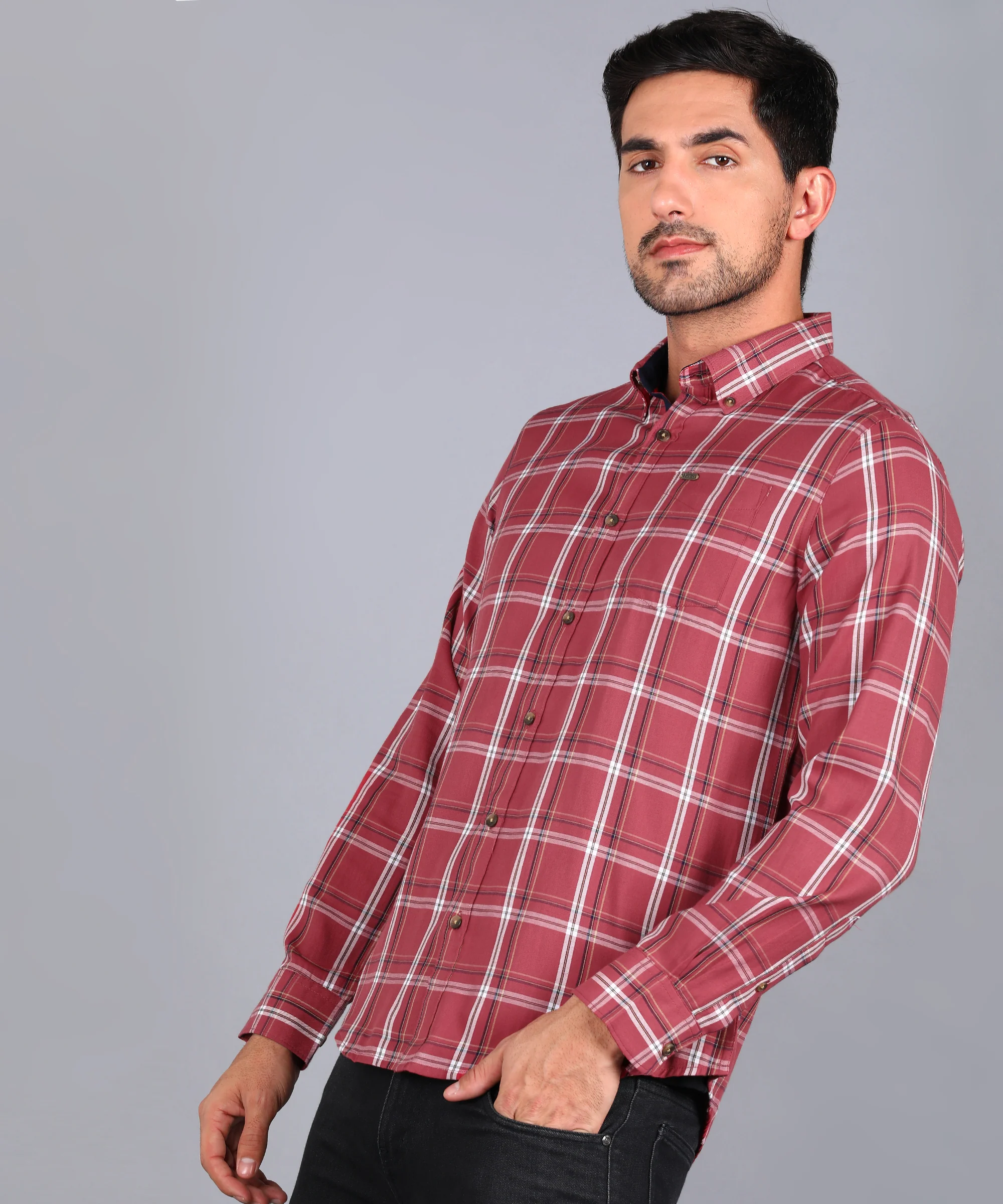 Men's Red Cotton Full Sleeve Slim Fit Casual Checkered Shirt - Image 3