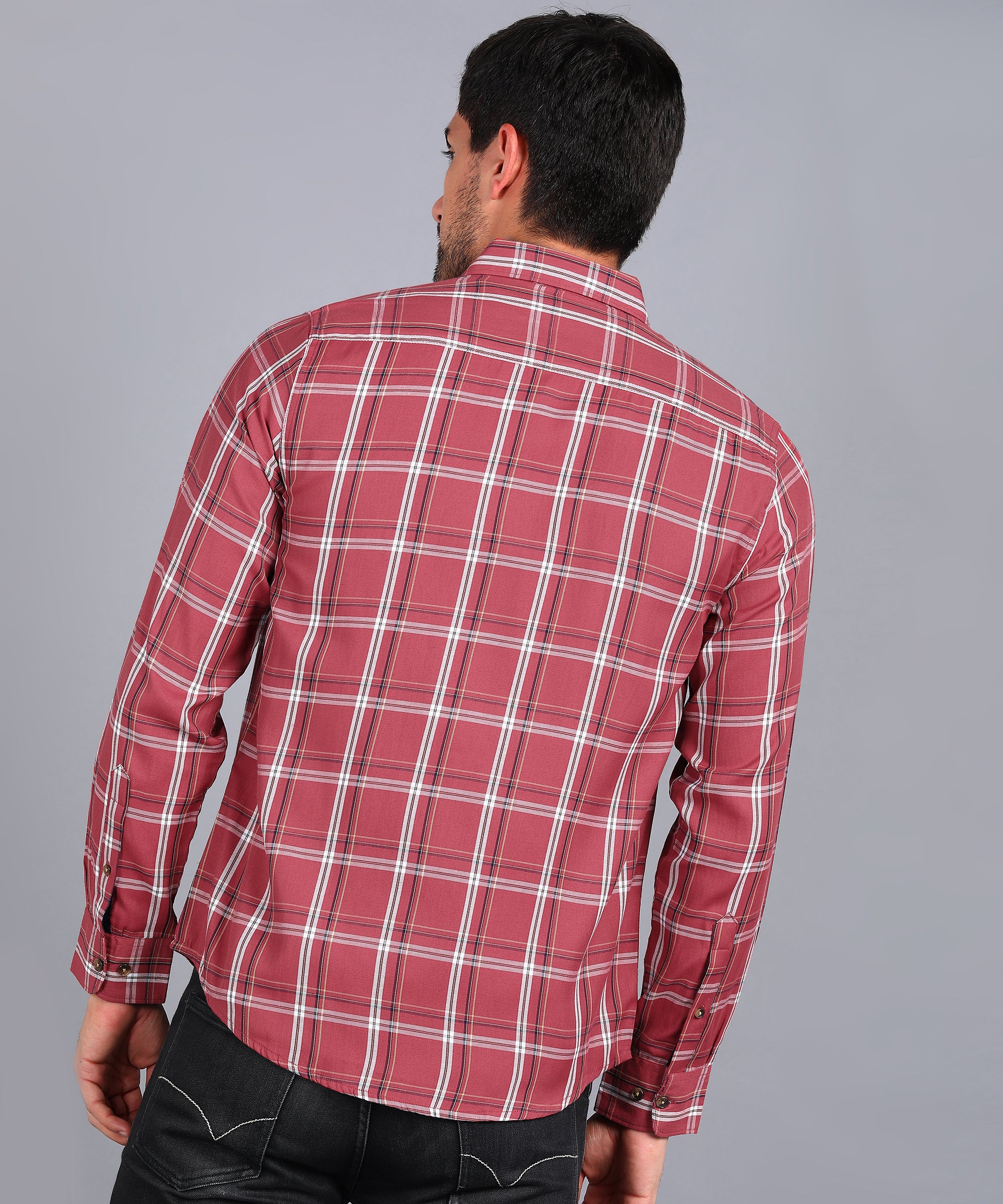 Men's Red Cotton Full Sleeve Slim Fit Casual Checkered Shirt - Image 4
