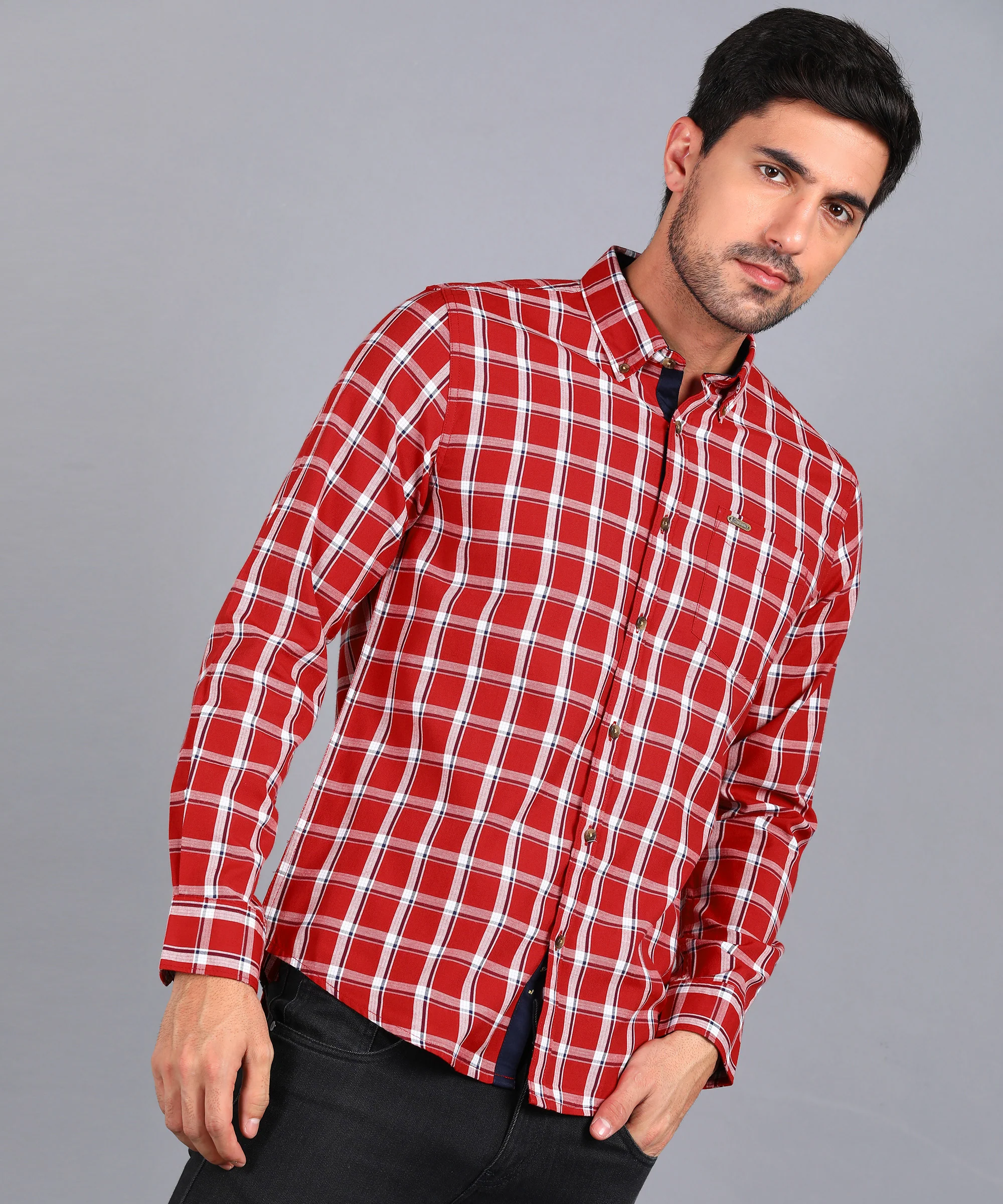 Men's Red Cotton Full Sleeve Slim Fit Casual Checkered Shirt - Image 2