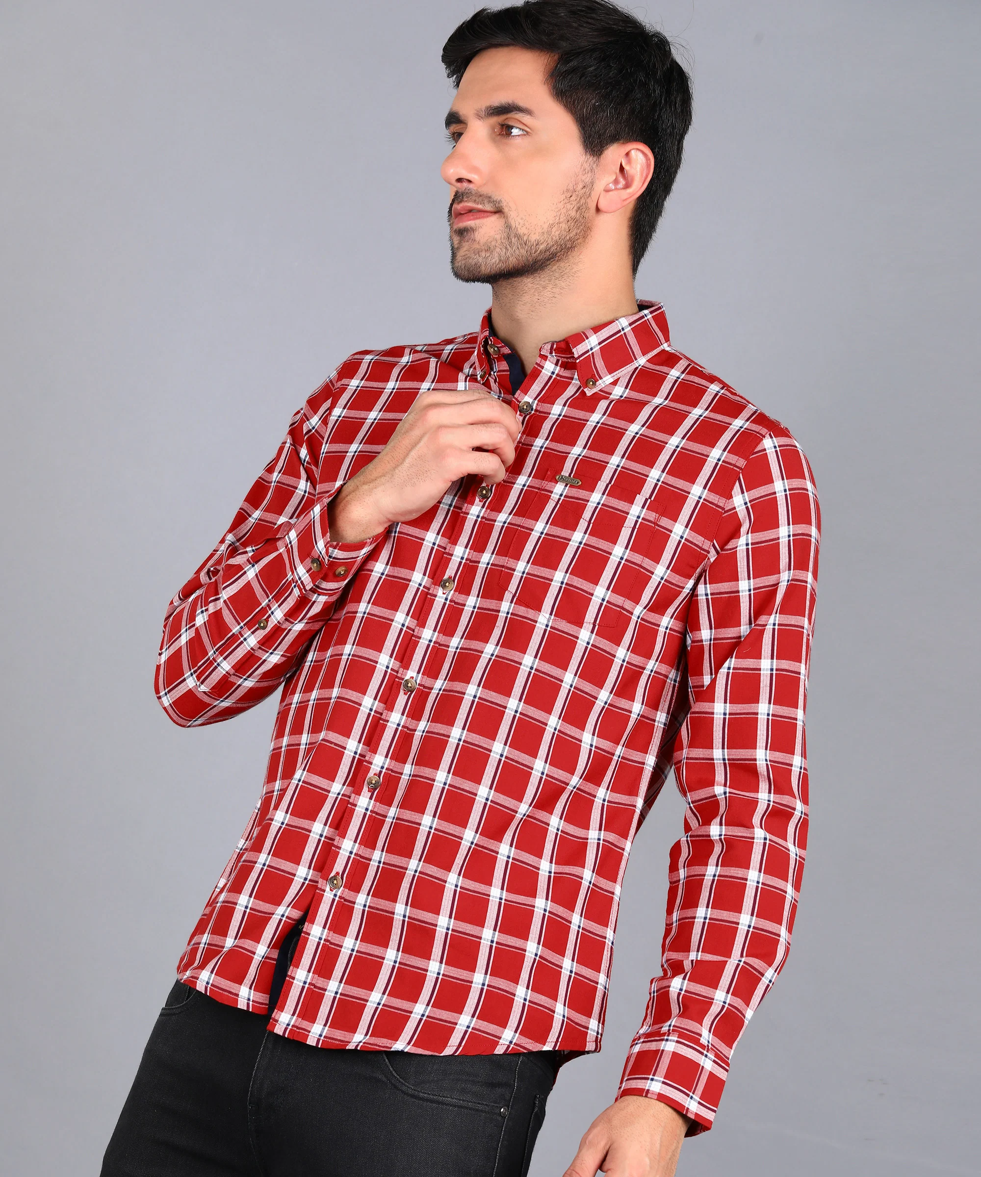 Men's Red Cotton Full Sleeve Slim Fit Casual Checkered Shirt - Image 3
