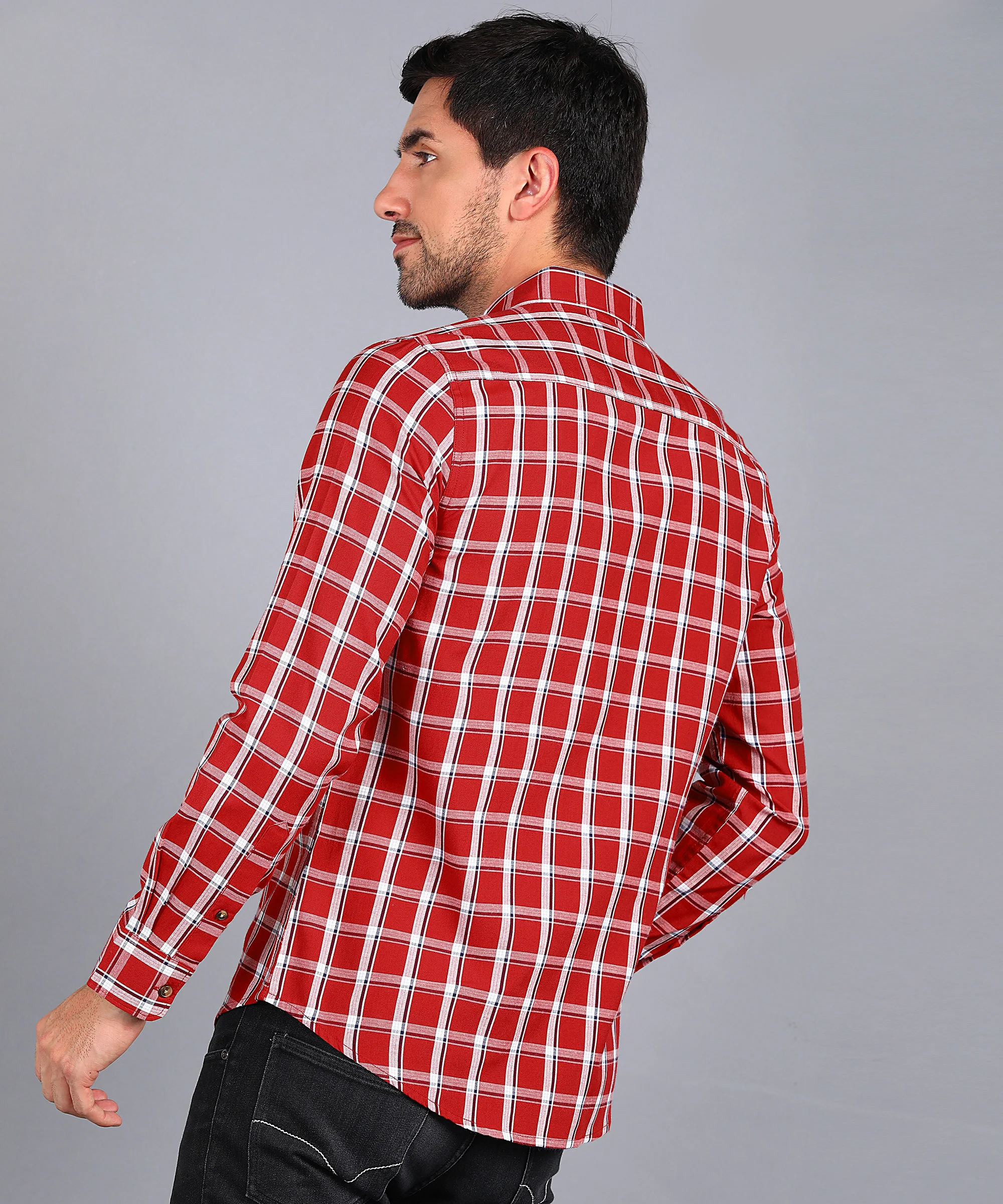 Men's Red Cotton Full Sleeve Slim Fit Casual Checkered Shirt - Image 4