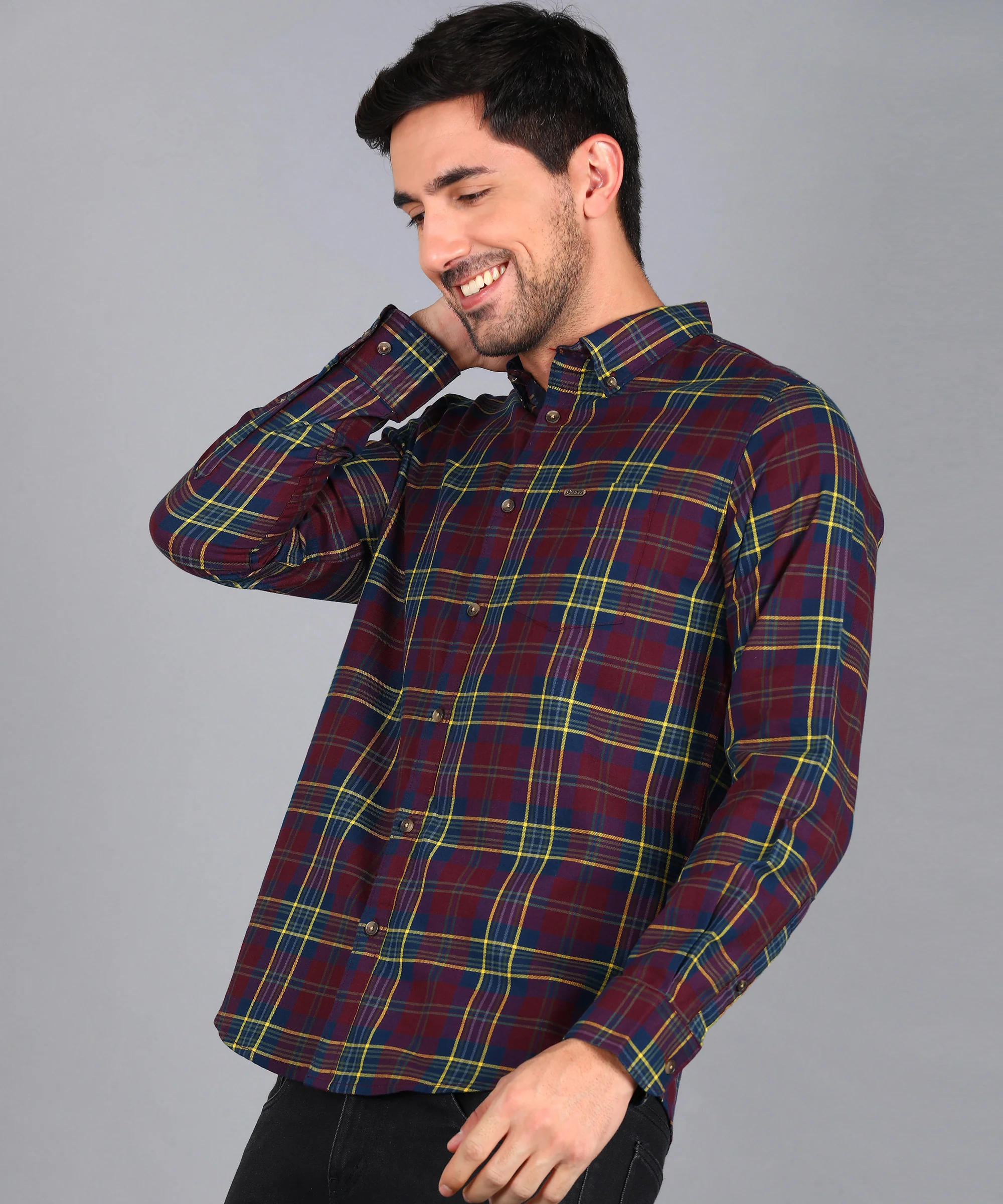Men's Red Cotton Full Sleeve Slim Fit Casual Checkered Shirt - Image 3