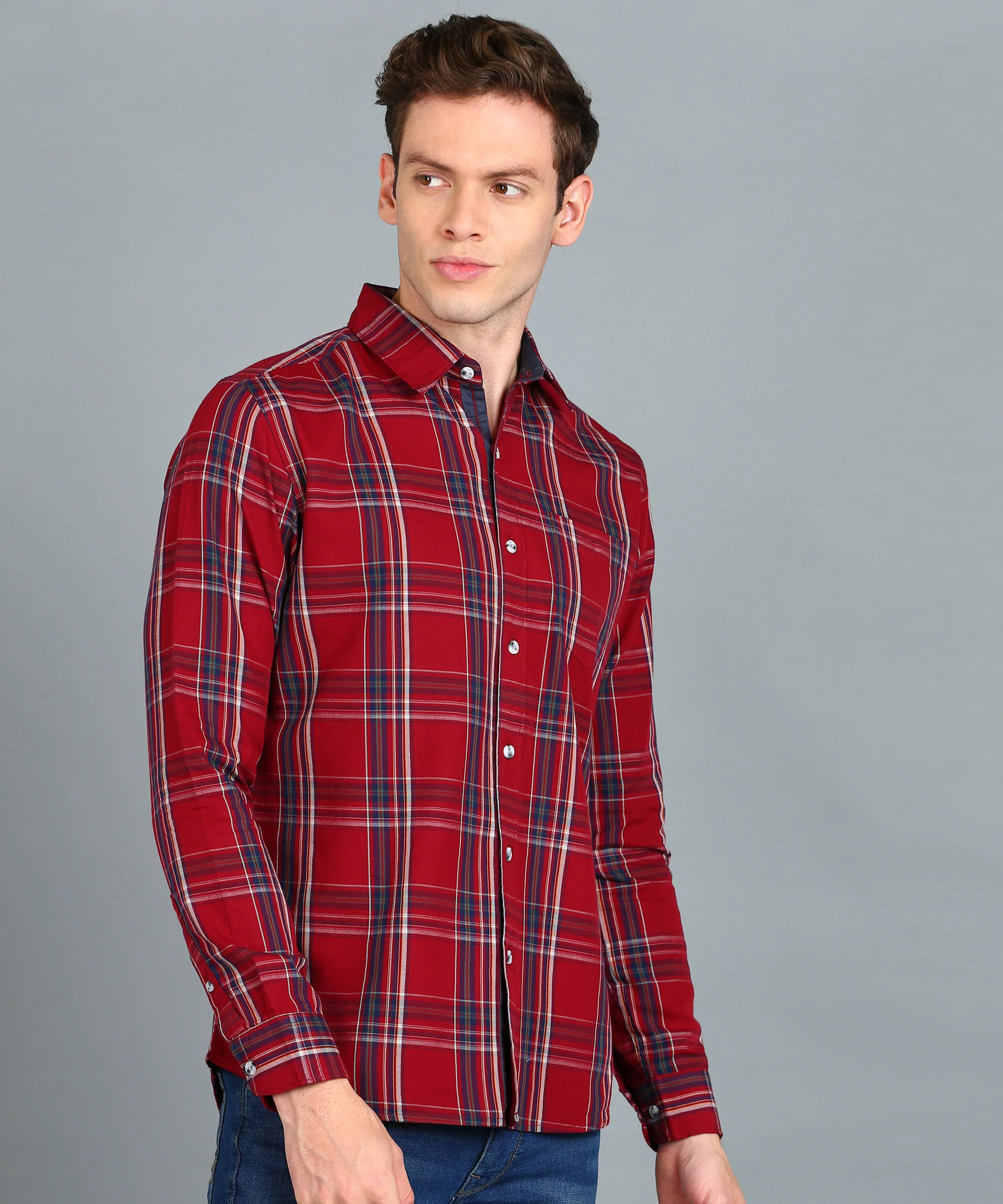 Men's Red Cotton Full Sleeve Slim Fit Casual Checkered Shirt - Image 2