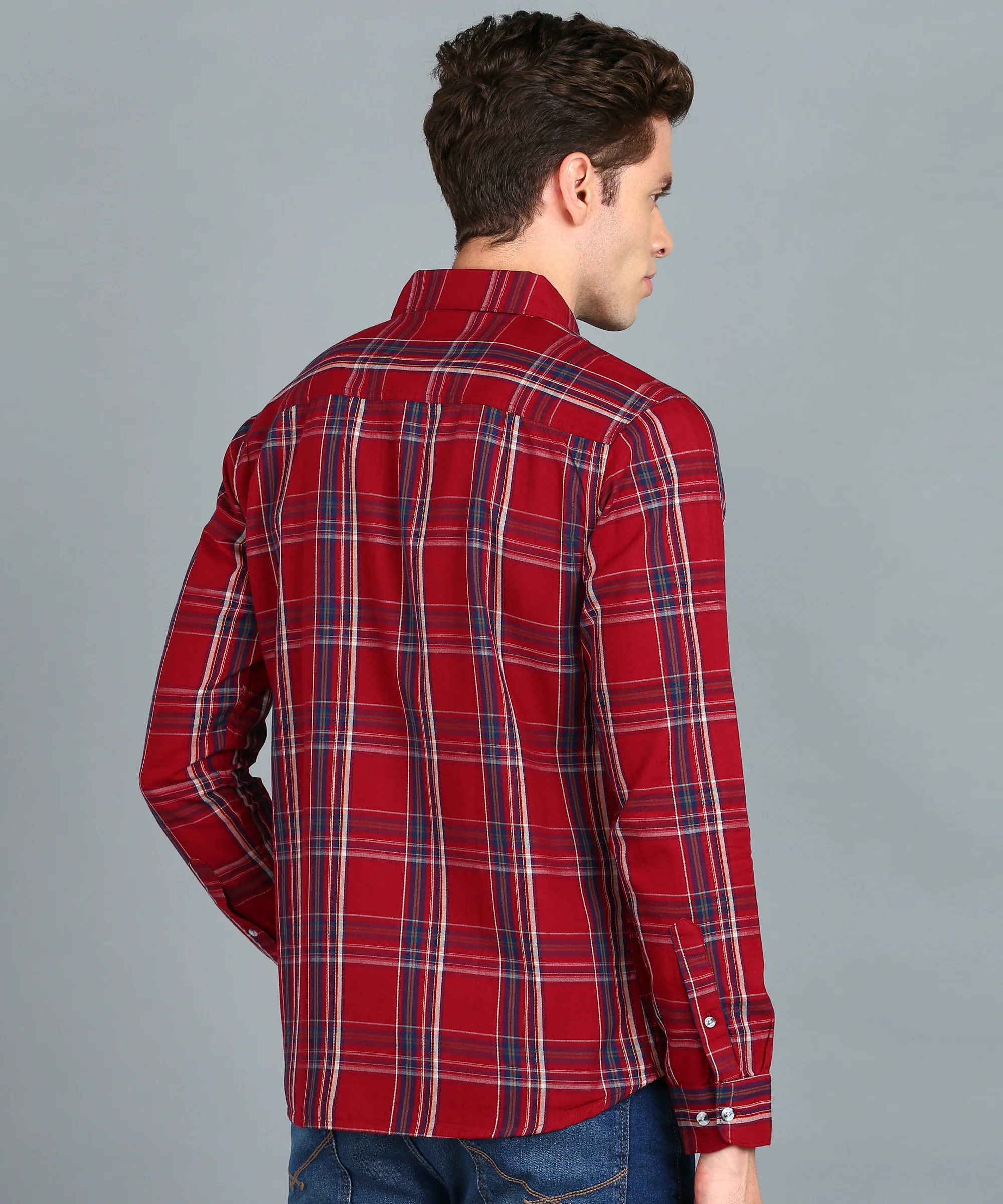 Men's Red Cotton Full Sleeve Slim Fit Casual Checkered Shirt - Image 3