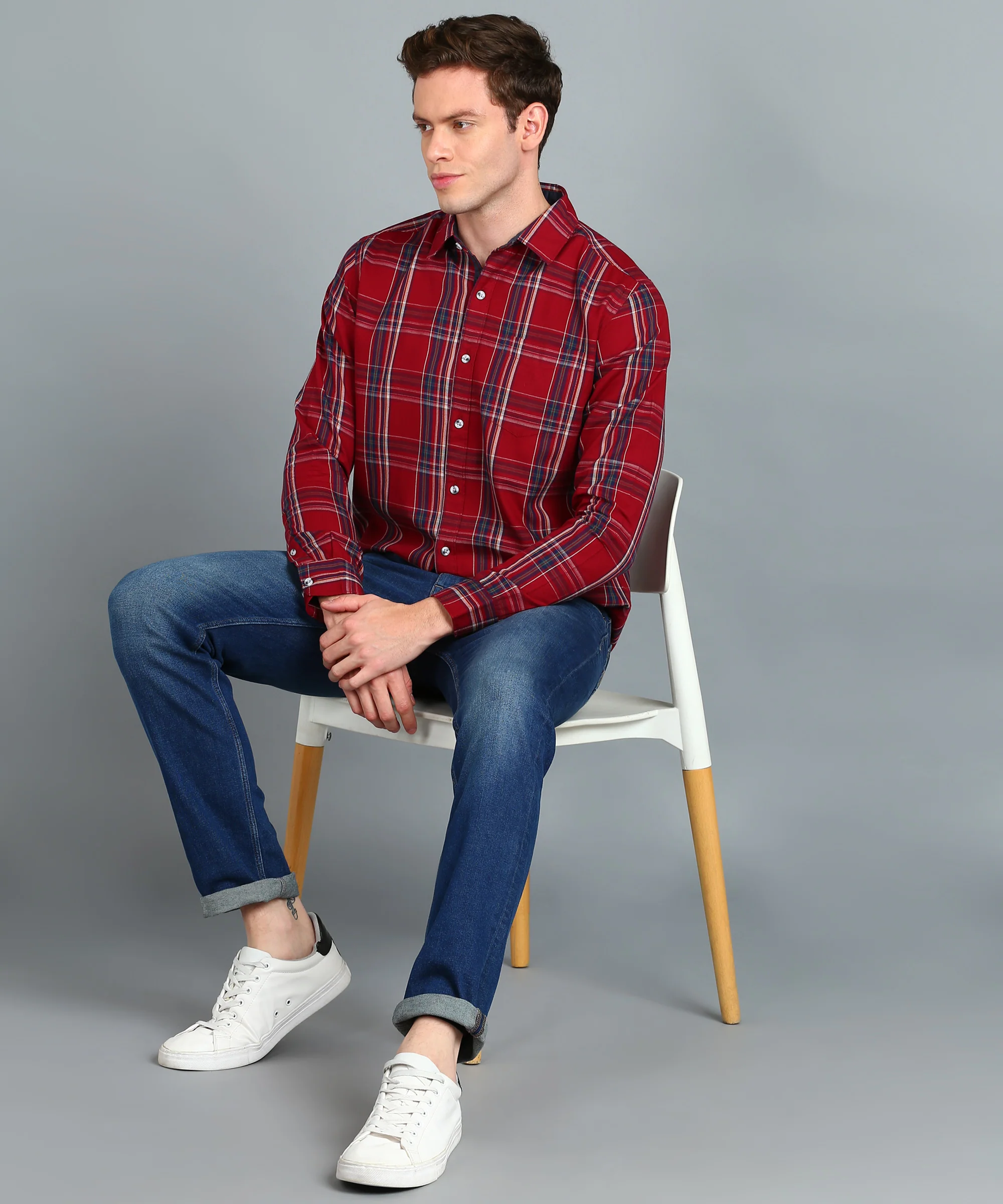 Men's Red Cotton Full Sleeve Slim Fit Casual Checkered Shirt - Image 4