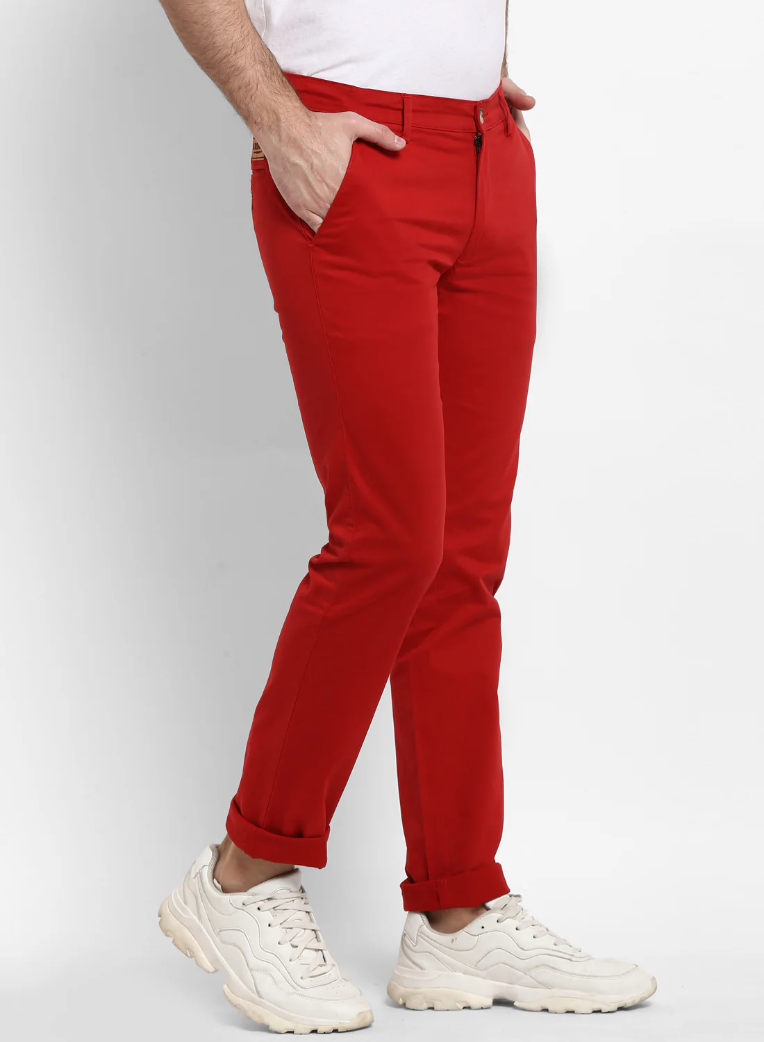 Men's Red Cotton Slim Fit Casual Chinos Trousers Stretch - Image 3
