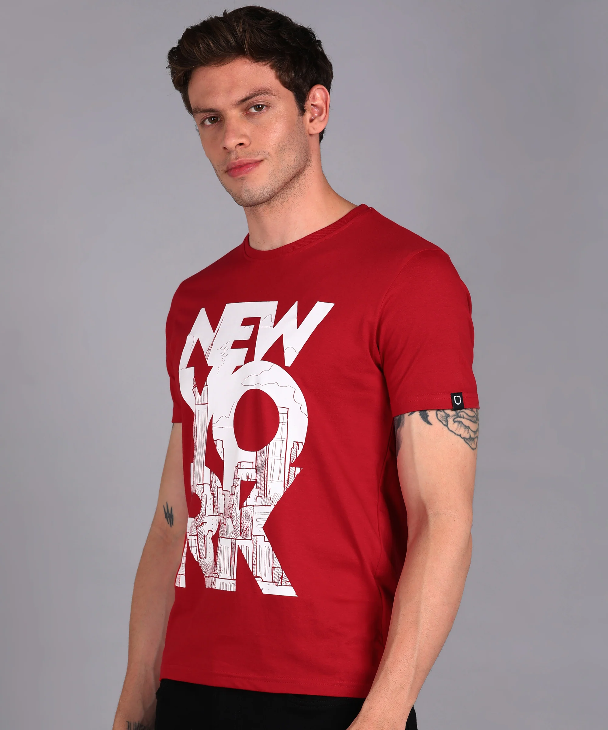 Urbano Fashion Men's Red Graphic Printed Round Neck Half Sleeve Slim Fit Cotton T-Shirt