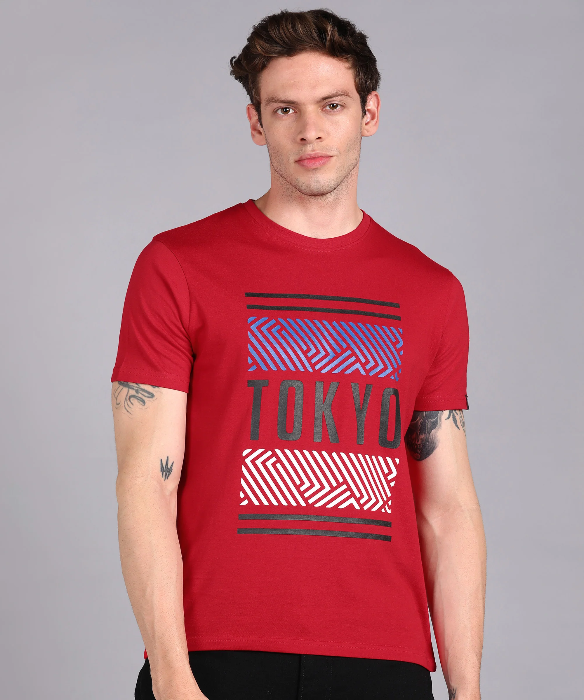 Urbano Fashion Men's Red Graphic Printed Round Neck Half Sleeve Slim Fit Cotton T-Shirt